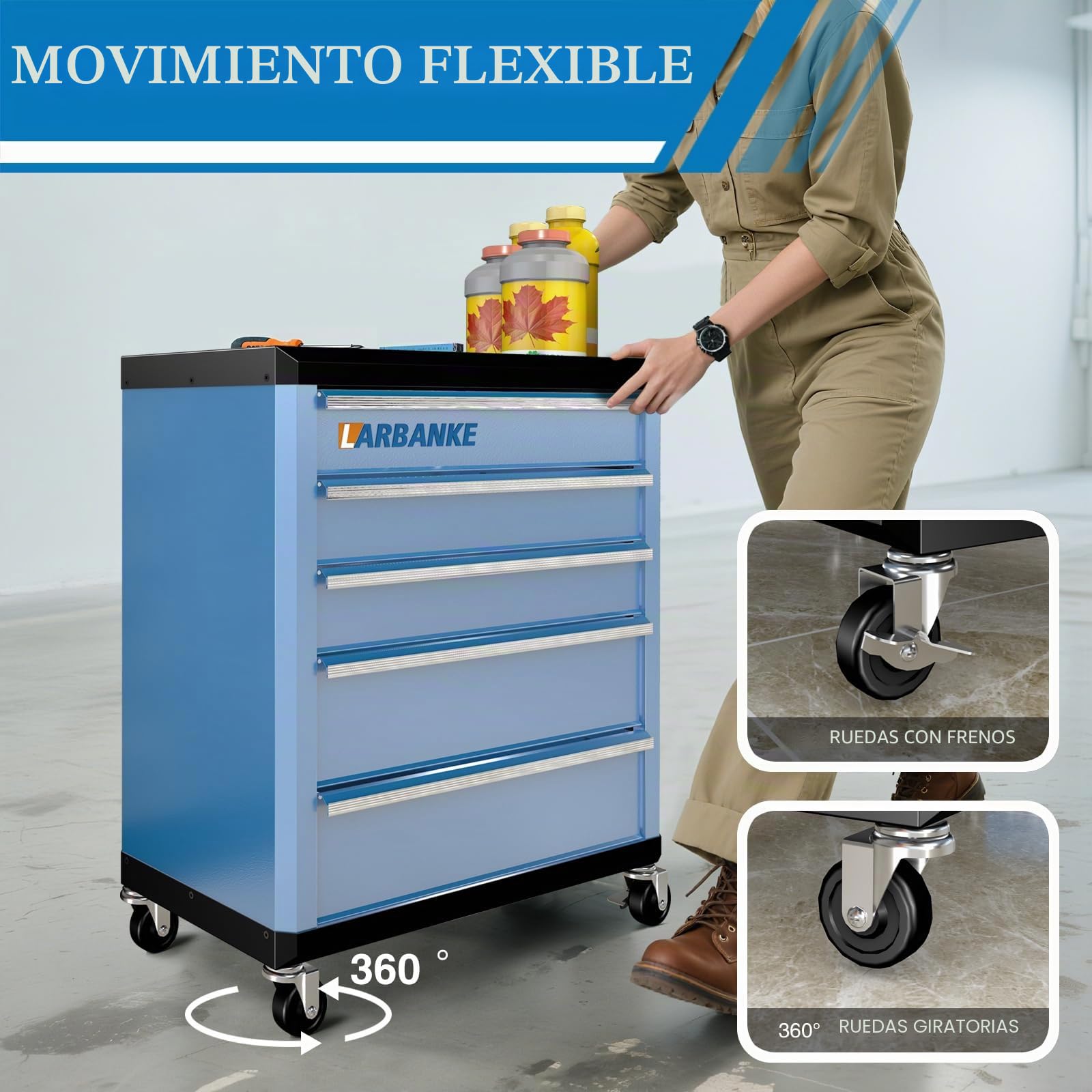 LARBANKE Baúl de herramientas de 5 cajones con ruedas giratorias y sistema de bloqueo de llaves, baúl de herramientas rodante con varillas de conexión, cuenta con una bandeja impermeable en la parte