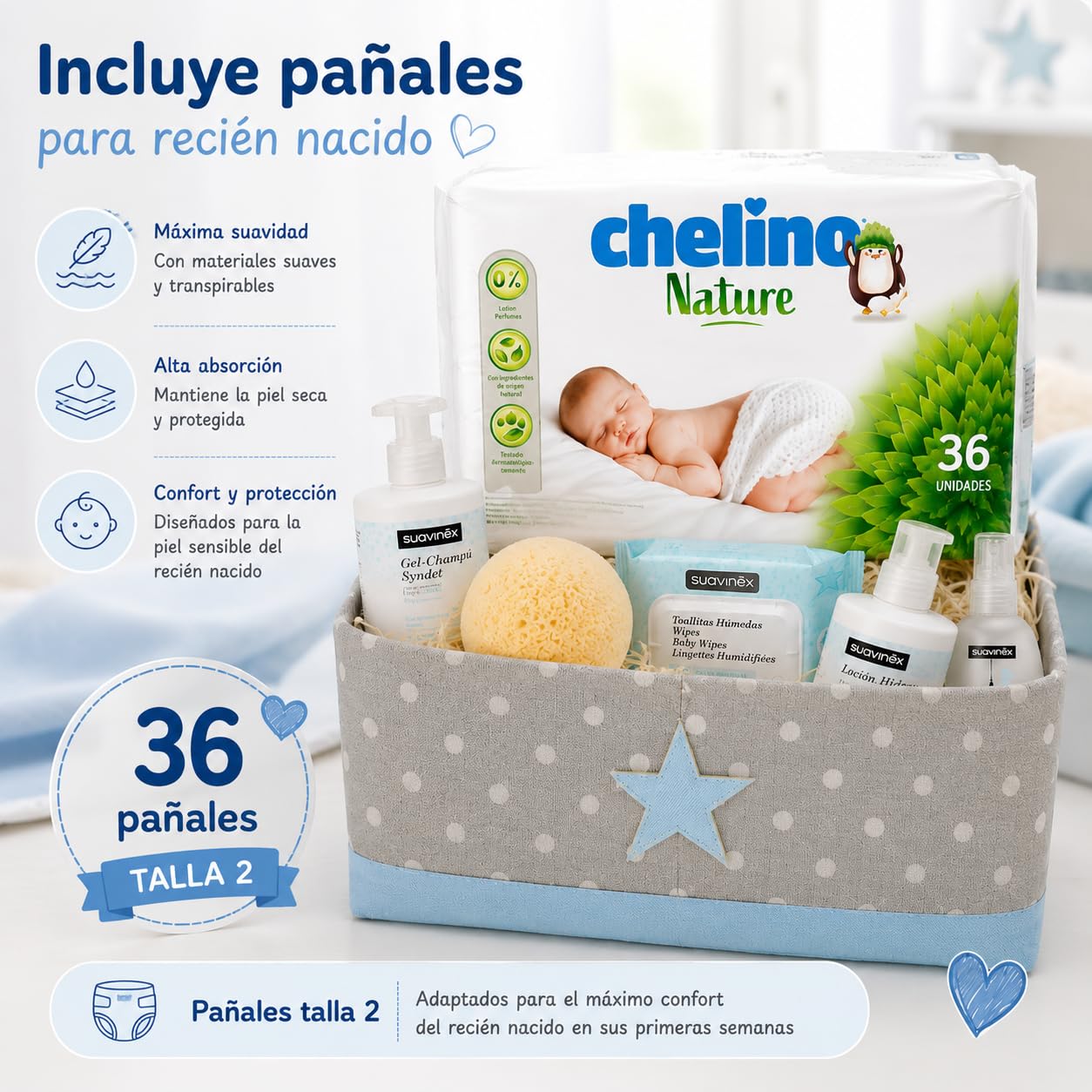 Canastilla Bebé Recién Nacido Suavinex Fantasy | Cesta Bebé Regalo con Productos para Recién Nacido | Incluye Peluche, Biberón, Chupete, Mordedor, Gel Champú, Loción, Crema y Pañales (Azul)