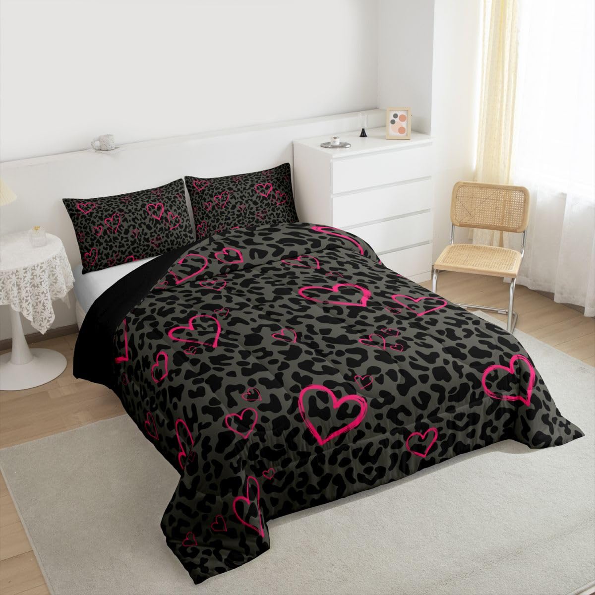 Erosebridal Pink Leopard Print Twin Comforter Set | Cheetah Wild Animals Bedding Set for Women Room Decor Africa Leopard Comforter Safari Animals Duvet Insert,2 Piece with 1 Pillowcase: Black Grey Pink Full