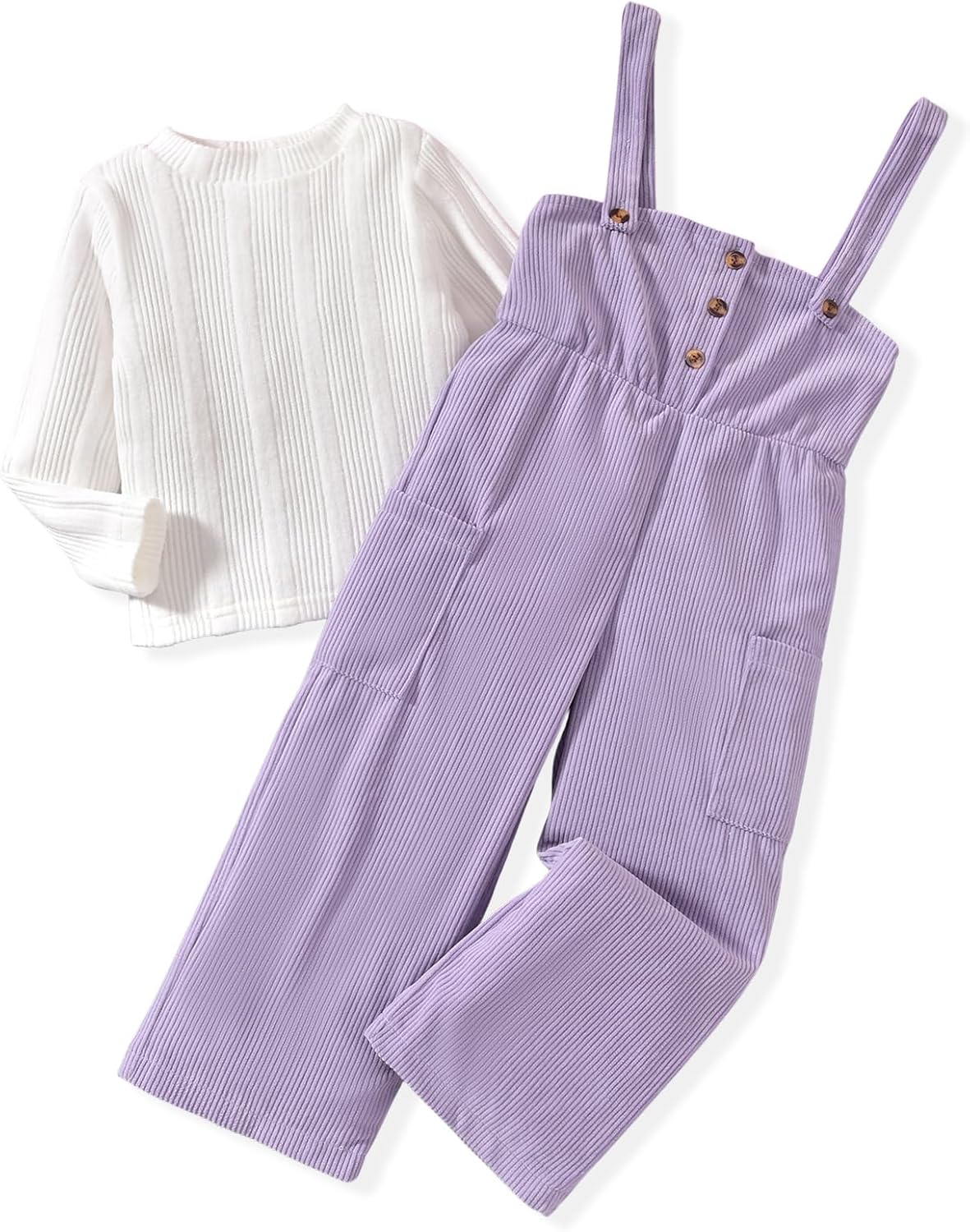 HINTINA Toddler Girl Cloth Long Sleeve Tee Corduroy Button Down Pinafore Overall Jumpsuit 2 Pieces Outfits