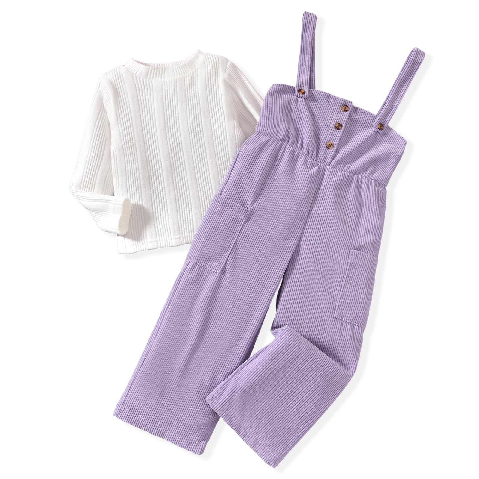 HINTINA Toddler Girl Cloth Long Sleeve Tee Corduroy Button Down Pinafore Overall Jumpsuit 2 Pieces Outfits