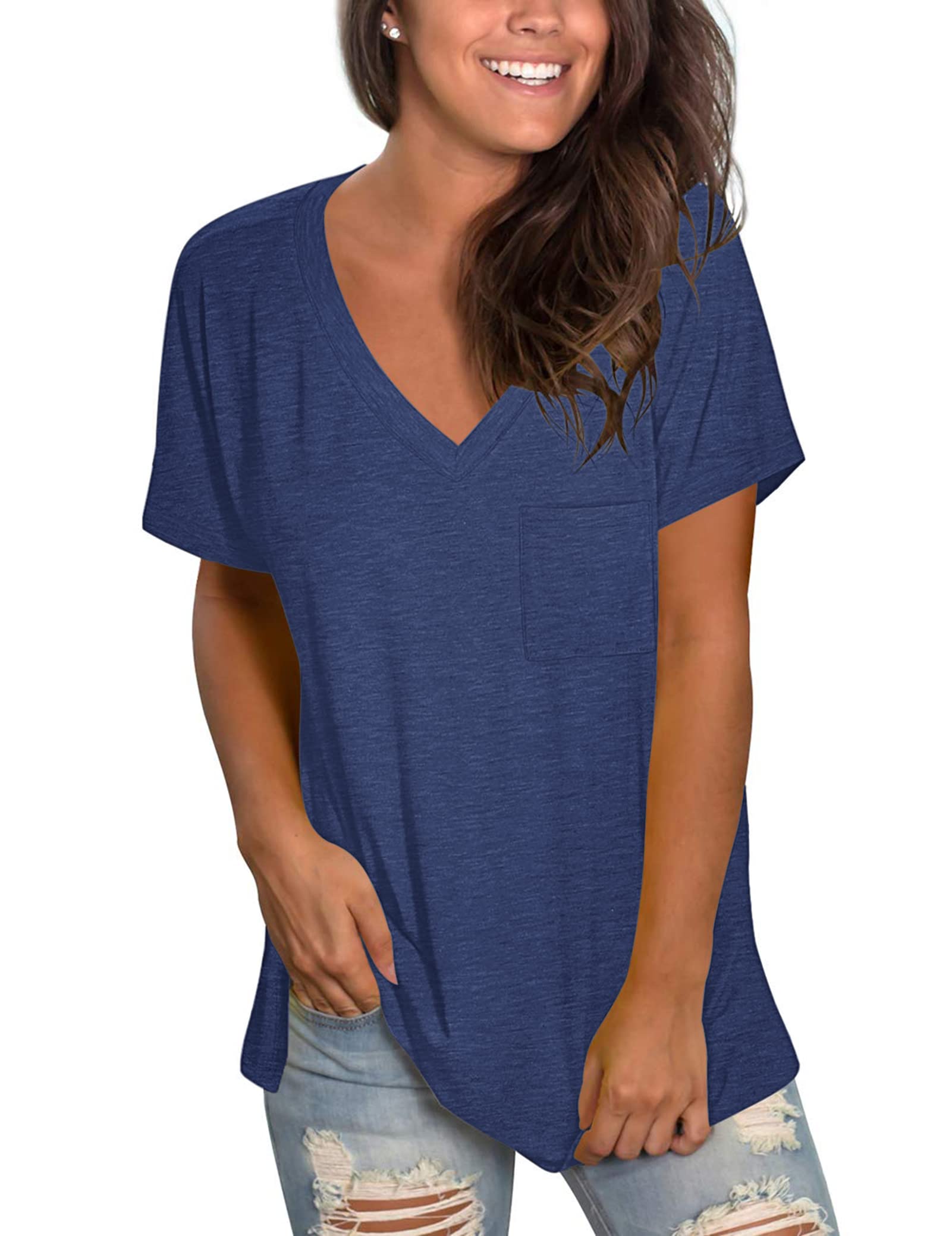 MOLERANI V Neck T Shirts for Women Short Sleeve Loose Casual Tshirts Basic Tees Navy Blue XL