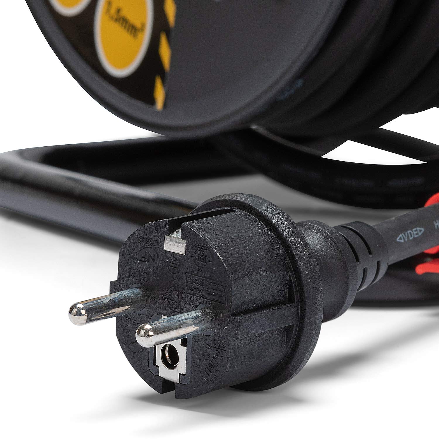 Stak REELHD-FR-25 - Enrollador eléctrico Profesional a Prueba de Agua IP44 Cable 25 m de Goma 3G1,5 mm2 para Obras, Bricolaje, jardín, 4 enchufes, chasis de Acero, Color Negro