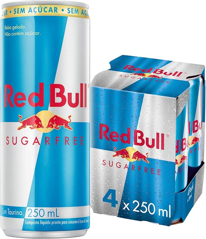 Pack de 4 latas de Red Bull Sugarfree 250ml com uma unidade em destaque à esquerda