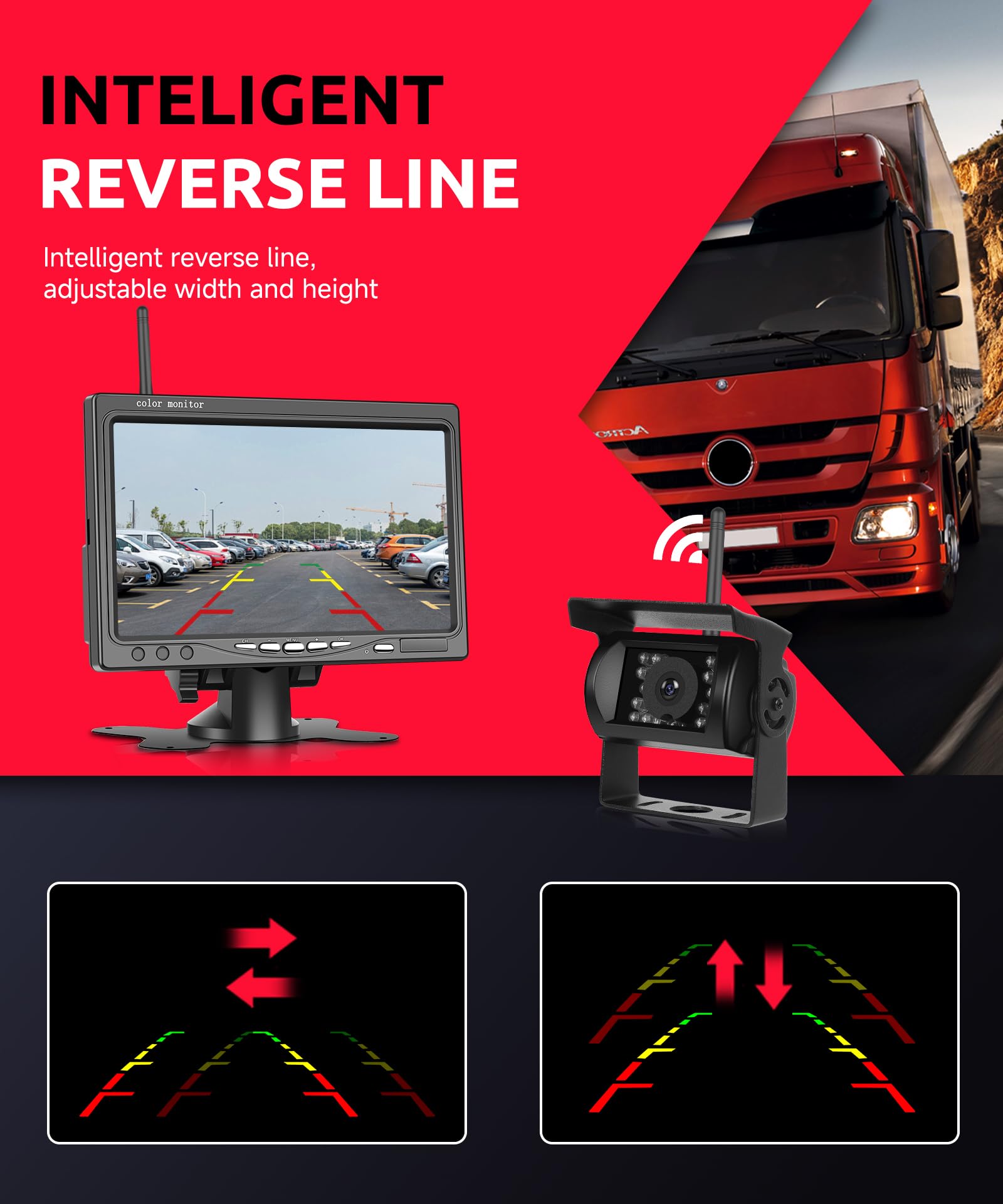 Inalámbrica Cámara de Marcha Atrás Kit con 7 Pulgadas Monitor, Cámara Trasera Visión Nocturna, IP68 Impermeable, BSD, Imagen Flip, Asistencia Inversa, para Camión/Bus/SUV/Remolque/Camper/Caravana