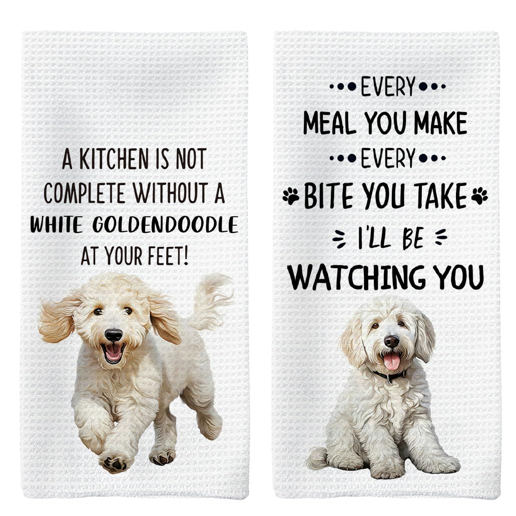 Tzhim White Goldendoodle Kitchen Towels Set of 2, White Goldendoodle Lovers Gifts, Dog Decorative Hand Towels, Dog Dishcloths Dish Towel Tea Towel for Kitchen, Dogs Kitchens Bathroom Decor, 16x24inch