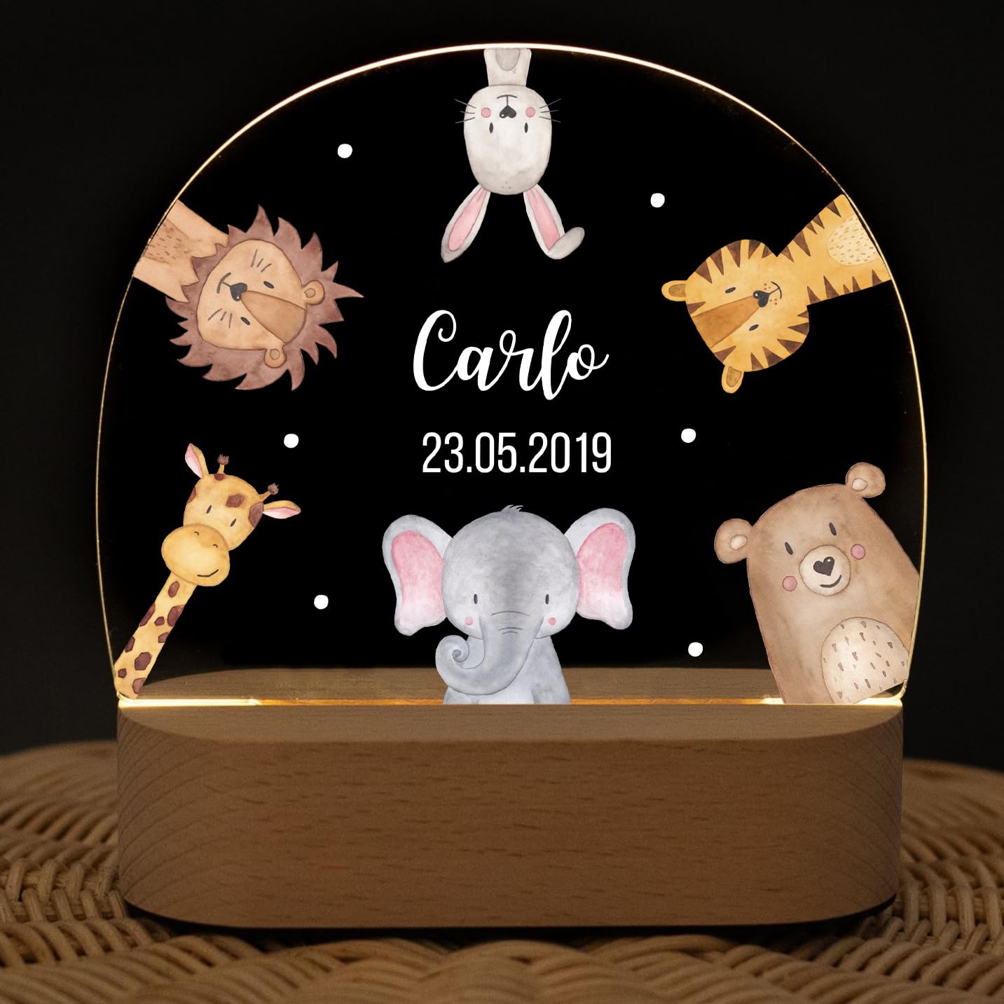 wunderwunsch - Personalisiertes Nachtlicht für Babys - Individuelle Nachttischlampe für Kinder - Personalisierte Geschenke Kinder - Babygeschenk - Geschenk zur Geburt, aus Bambus und Acrylglas