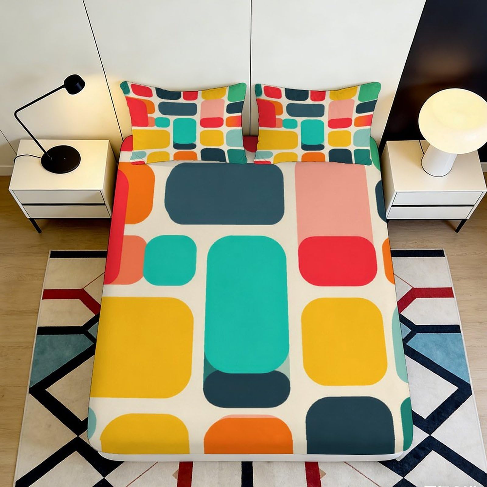 Pnayamiorkfel Style-1 3D Printed Retro Color Block Fitted Sheet Microfiber Geometric Pattern Mattress Cover For Bedroom Dorm Decoration 90X200x25cm