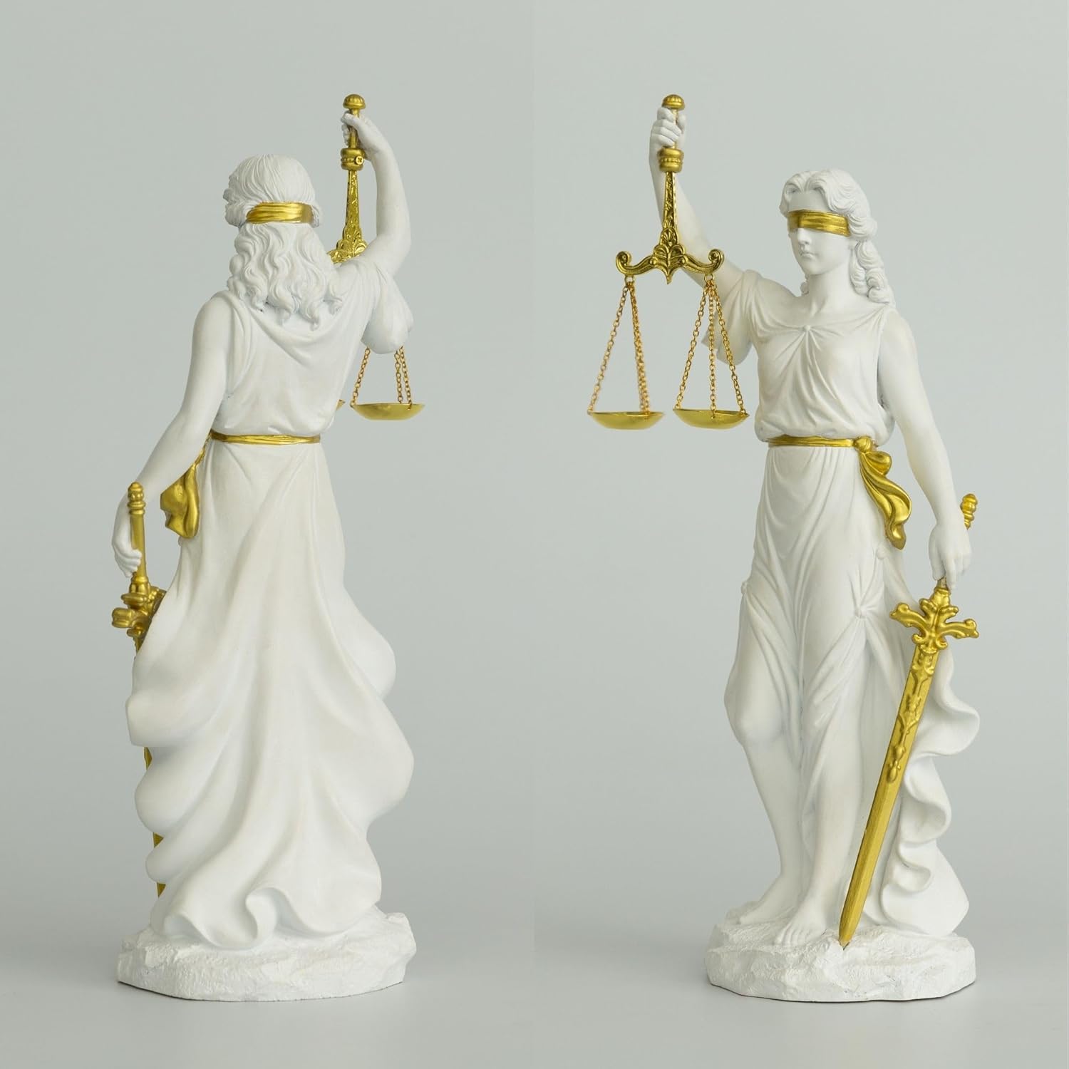 Lady Justice Statue, 13in White and Gold Decorative Sculpture with Scale and Sword, Law Office Desk Decor, Lawyer Gift, Blind Justice Figurine for Bookshelf Living Room (White & Gold)