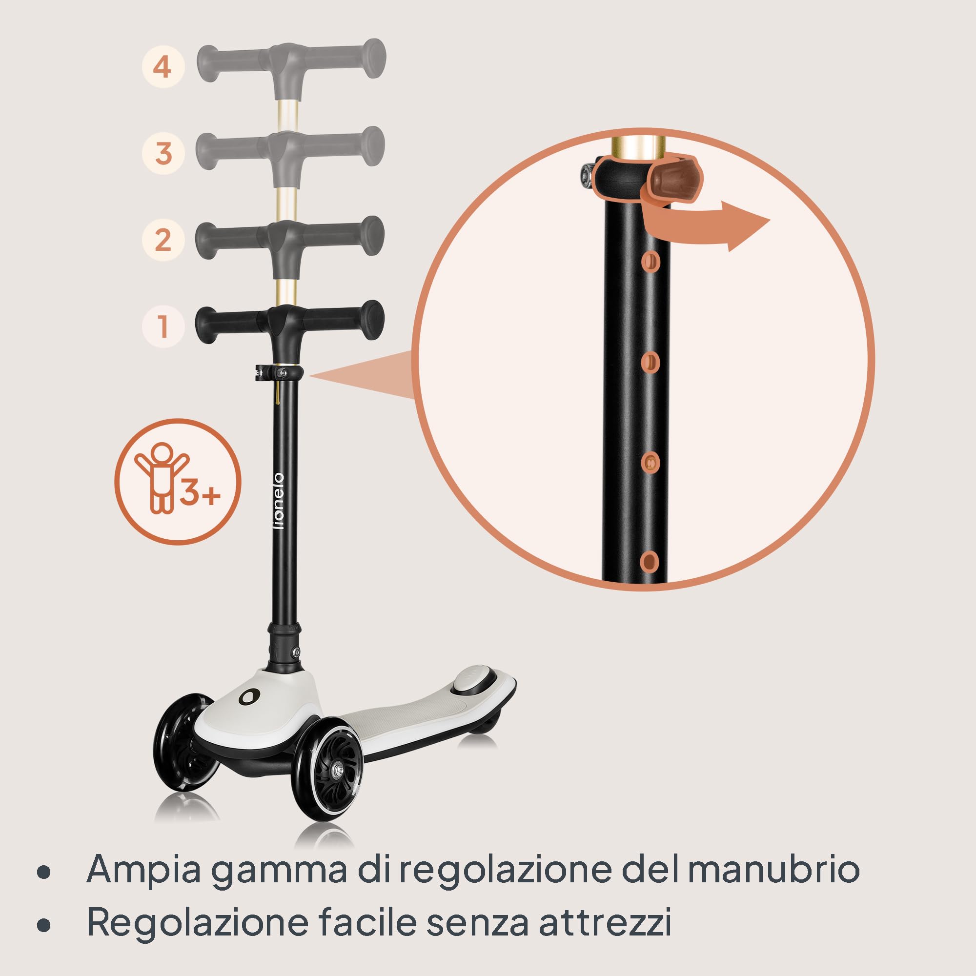 LIONELO Monopattino Bambino a 3 Ruote MEY per bambini da 3 anni fino a 50kg, Monopattino per Bambini con Illuminata e Ruote a LED, Altezza Regolabile, Pedana Antiscivolo, laggero, Cestino