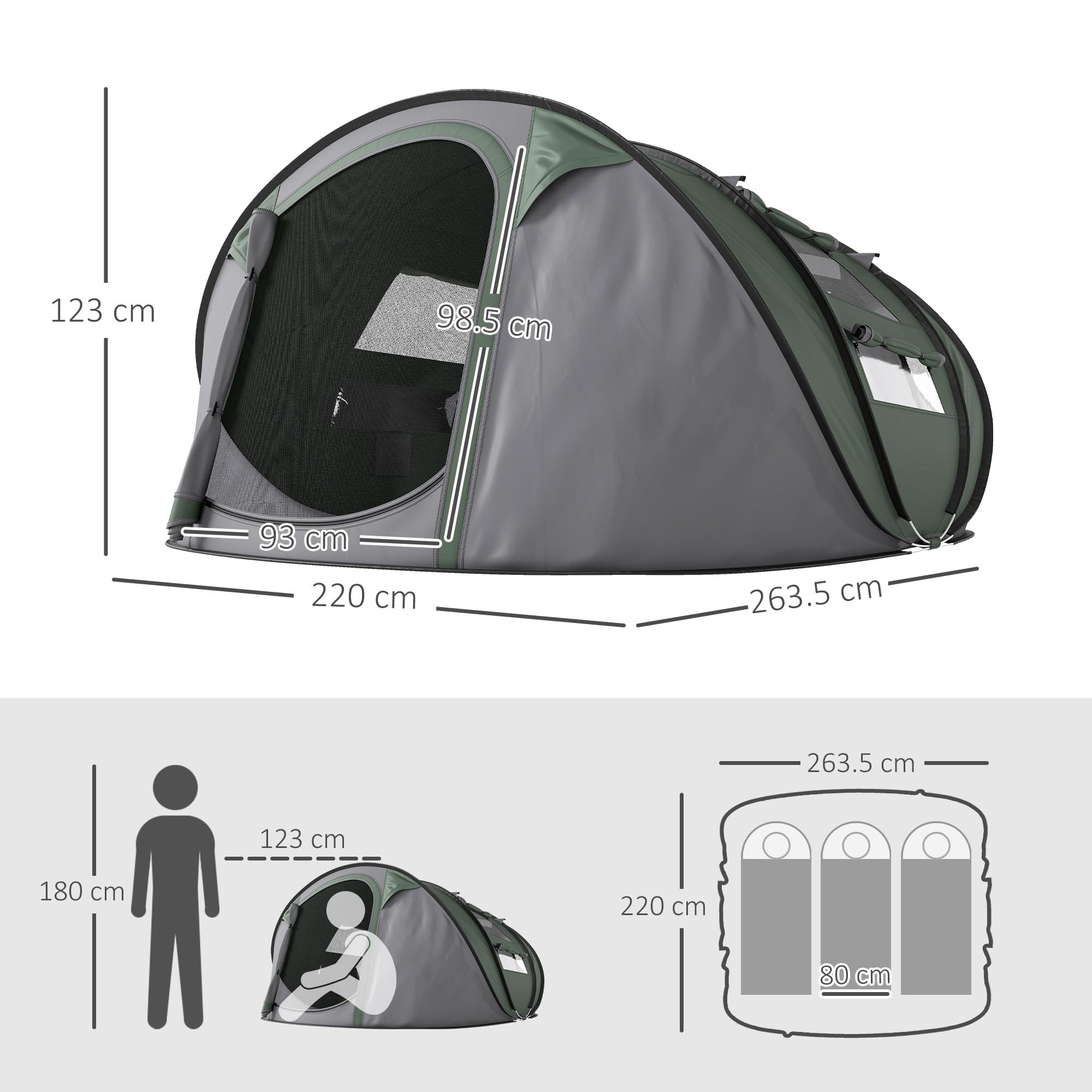 Outsunny Tenda da Campeggio Pop Up 2 Posti Impermeabile 263.5x220x123 cm Verde Scuro