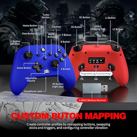 Dinosoo 2 Pack Wireless Controller Turbo, Macro, Hall Trigger, Dual Vibration Compatible with Xbox One, Series X|S, PC 3.5mm Audio Jack, Built-in Battery, 2.4GHz Adapter