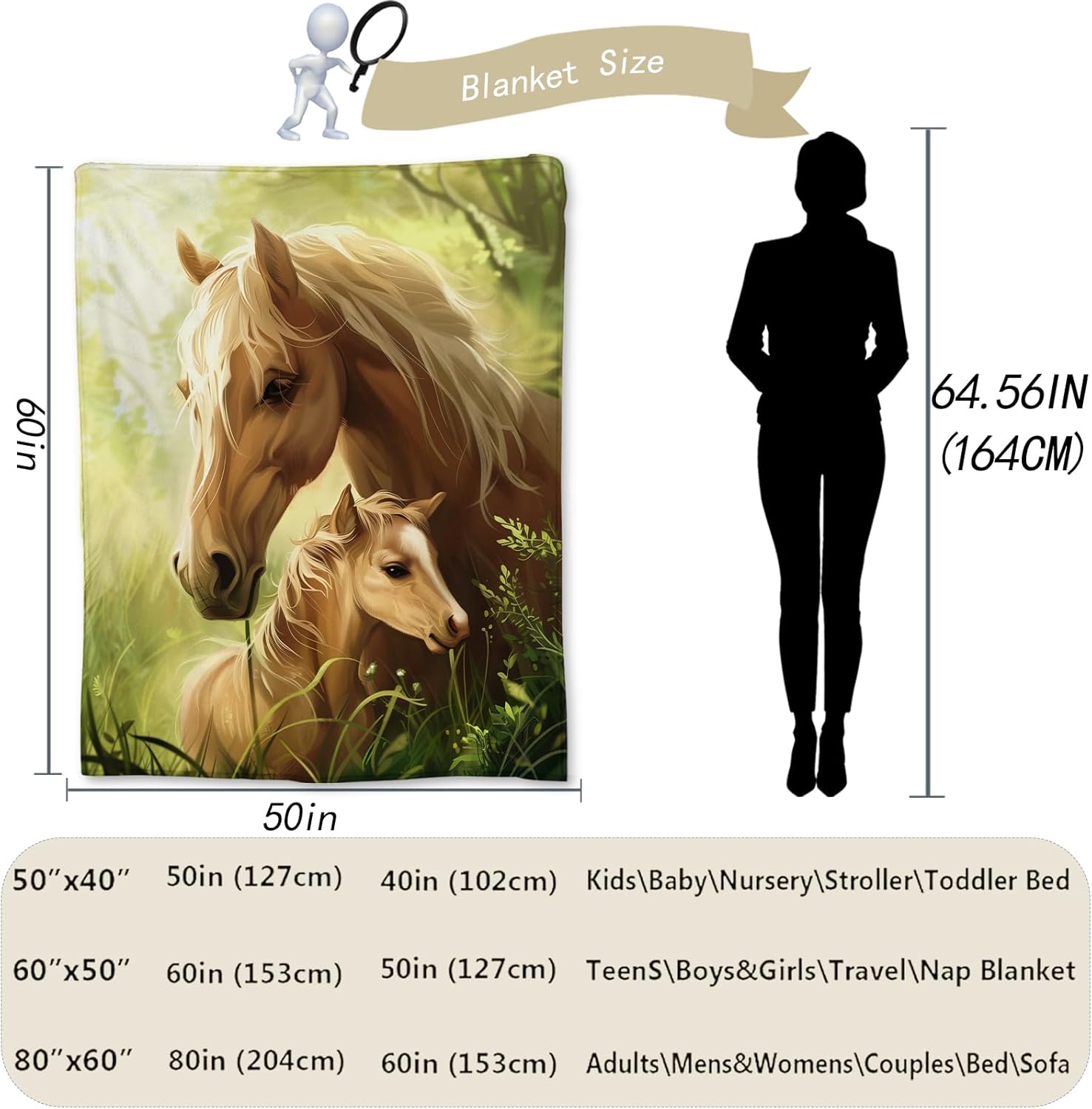 Cute Horse Blanket, Soft Warm Lightweight Animal Flannel Throw Blanket for Couch, Bed, Travel & Outdoor, Cozy Fluffy Fuzzy Blankets for Women Boys Girls, Home Decor 80×60 in