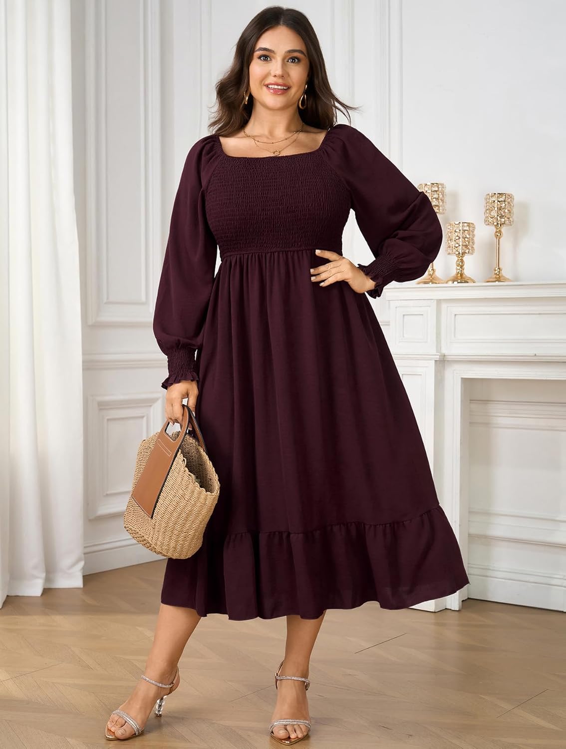 SCOMCHIC Women's Plus Size Maxi Dress Long Sleeve Square Neck Dress Casual Smocked Ruffle Swing Flowy Long Fall Dresses - Image 2