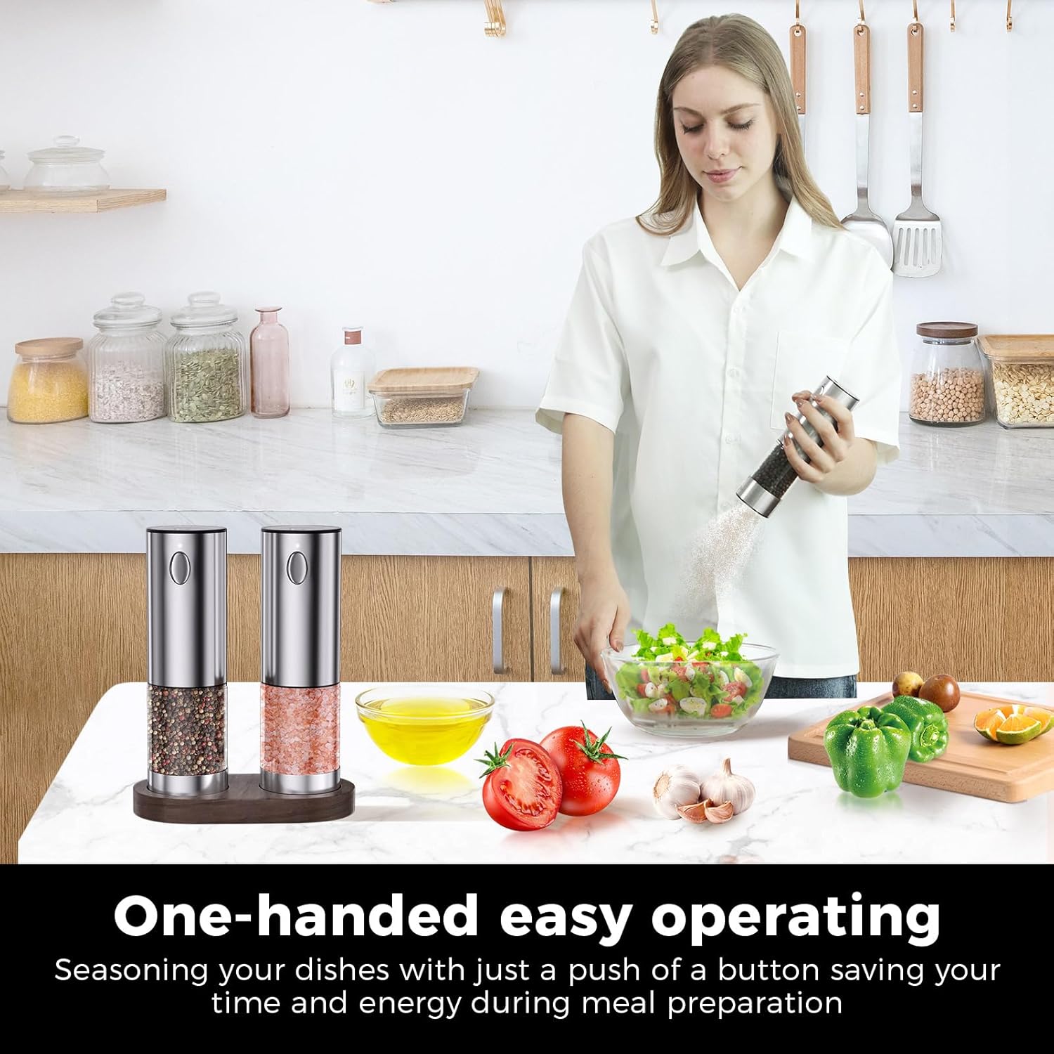 Electric Salt and Pepper Grinder Set, Rechargeable Automatic Pepper Grinder with Wooden Tray, 5 Adjustable Coarseness, LED Light, 2.3oz Capacity, Refillable, Perfect for Home Cooks, Stainless Steel