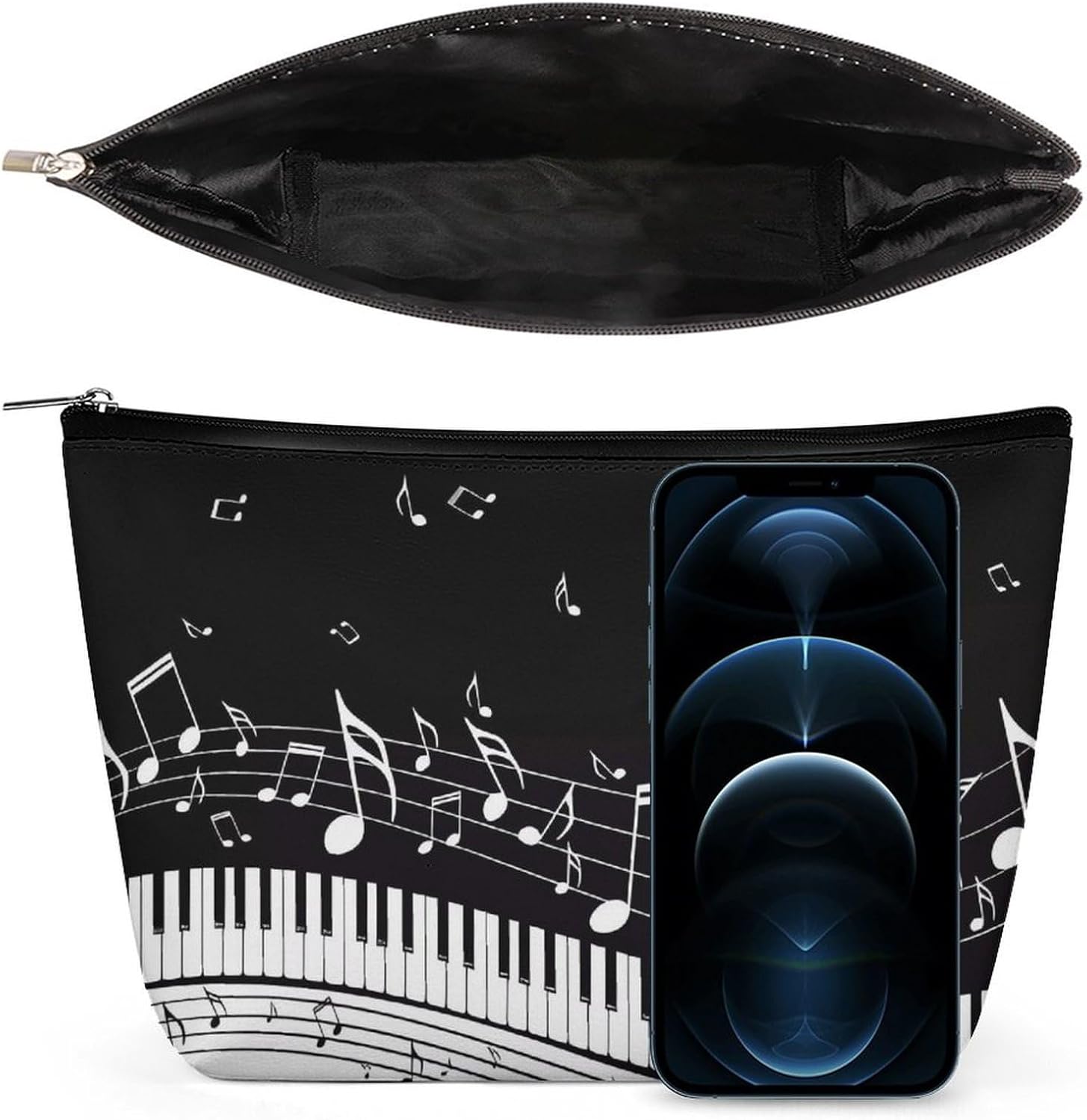 Black White Music Note Toiletry Bag Large Capacity Makeup Bag Travel Makeup Pouch Mini Cosmetic Bags Zipper Make Up Storage Pouch Make Up Organizer Tool Pouchs image 3