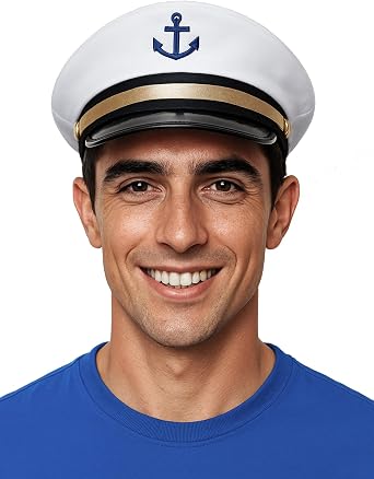 thuizen White Flat Top Sailor Captain Crew Hat, Nautical Yacht Party & Beach Holiday Costume Accessory for Adults, Teens