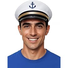 thuizen White Flat Top Sailor Captain Crew Hat, Nautical Yacht Party & Beach Holiday Costume Accessory for Adults, Teens