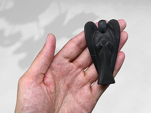 Miniatura 4 de Shungite - Figuritas de ángel guardián de cristal para piedra de nacimiento curativa, estatua decorativa (ángel de bolsillo tallado a mano) (3