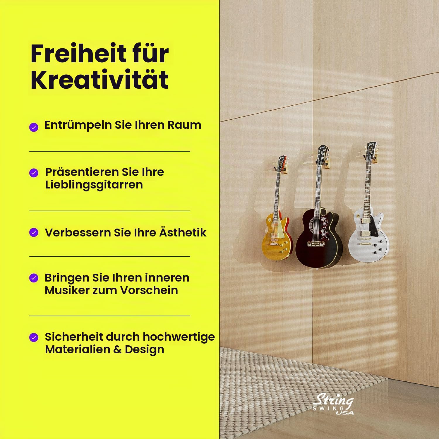 String Swing Gitarrenaufhänger - Halter für E-Akustik- und Bassgitarren - Ständer Zubehör Zuhause oder Studio Wand - Musikinstrumente sicher ohne Hartschalenkoffer - Eiche Hartholz CC01K-O 2er-Pack