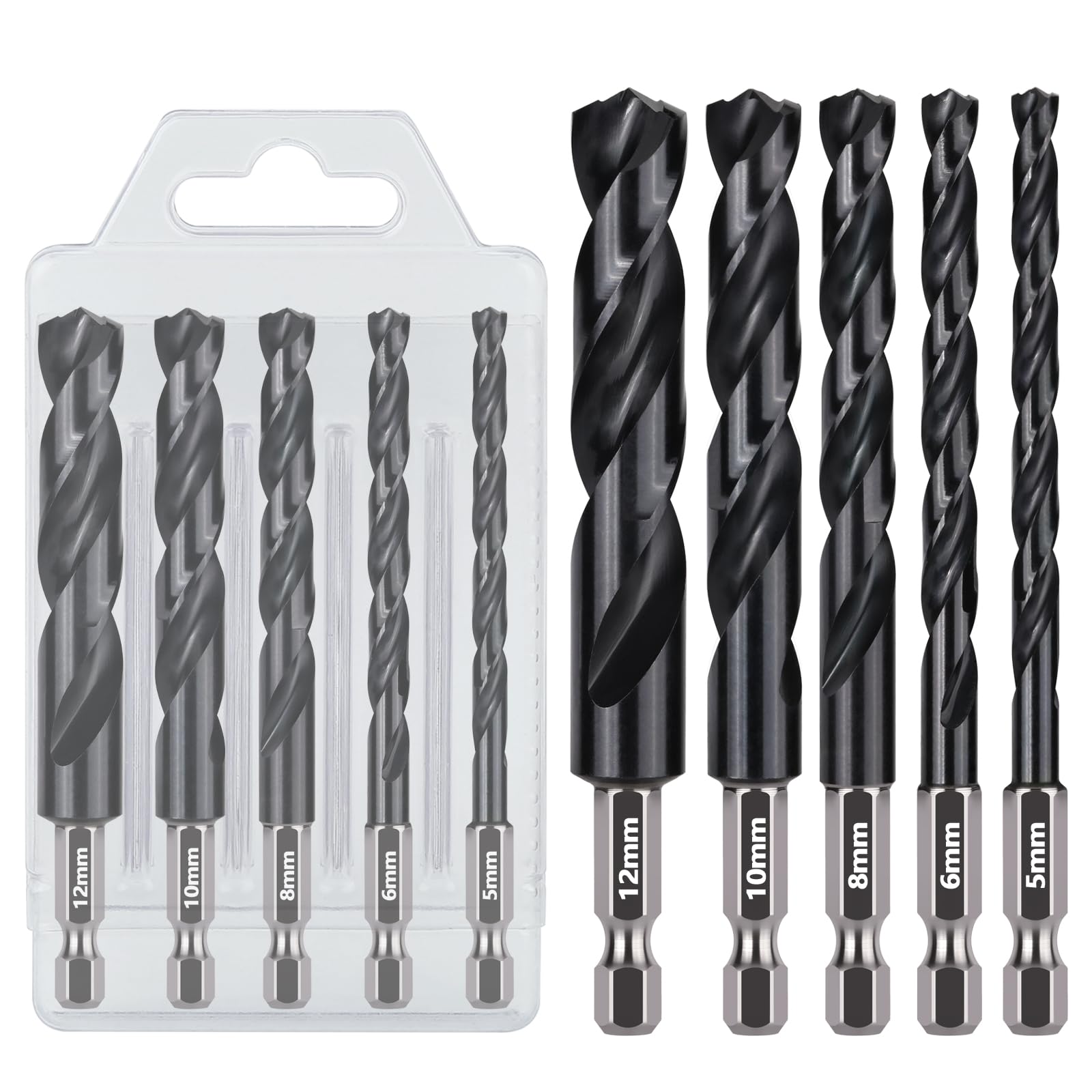 Vearter 5PCS Drill Bit Sets 5/6/8/10/12mm, HSS M2 Metal Drill Bits with Hex Shank Quick Change