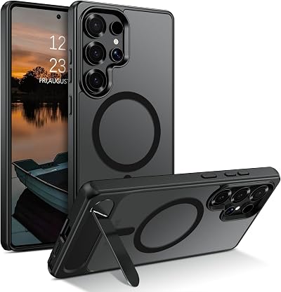 GUAGUA for Galaxy S25 Ultra Case with Stand, Compatible with MagSafe, Translucent Matte Magnetic Samsung S25 Ultra Cover, Slim Thin Women Men Kickstand Shockproof Protective Phone Case, Black