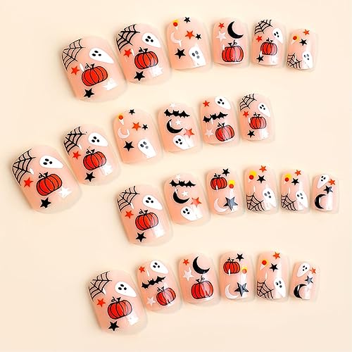 Miniatura 3 de Uñas postizas a presión para Halloween, cuadradas, cortas, ataúd, estrellas, calabaza, bonitas, espeluznantes, murciélagos, pegamento en las uñas