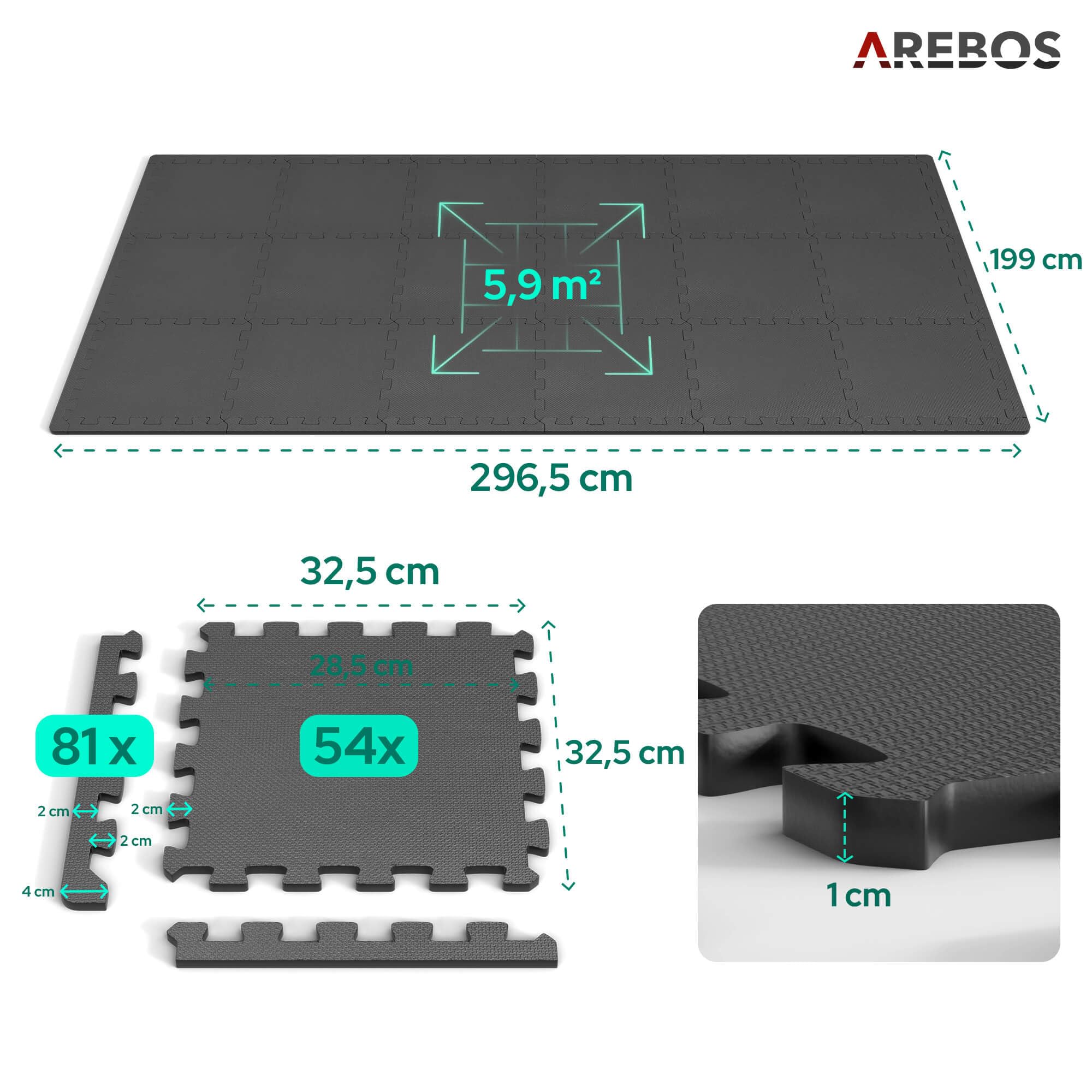 Arebos Eva 54-częściowy zestaw mat do puzzli | mata podłogowa ok. 5,9 m² wraz z krawędziami | mata do fitnessu, basenu i zabawy | maty treningowe sprzęt fitness | mata do fitnessu 32,5 × 32,5 x 1 cm