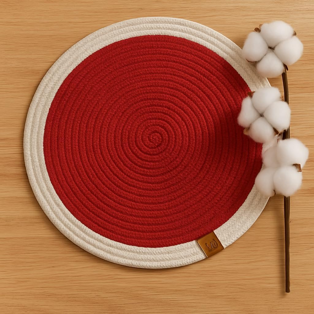 Cotton Rope Placemats, Round Red with White Border, Set of 4, Heat Resistant Table Mats
