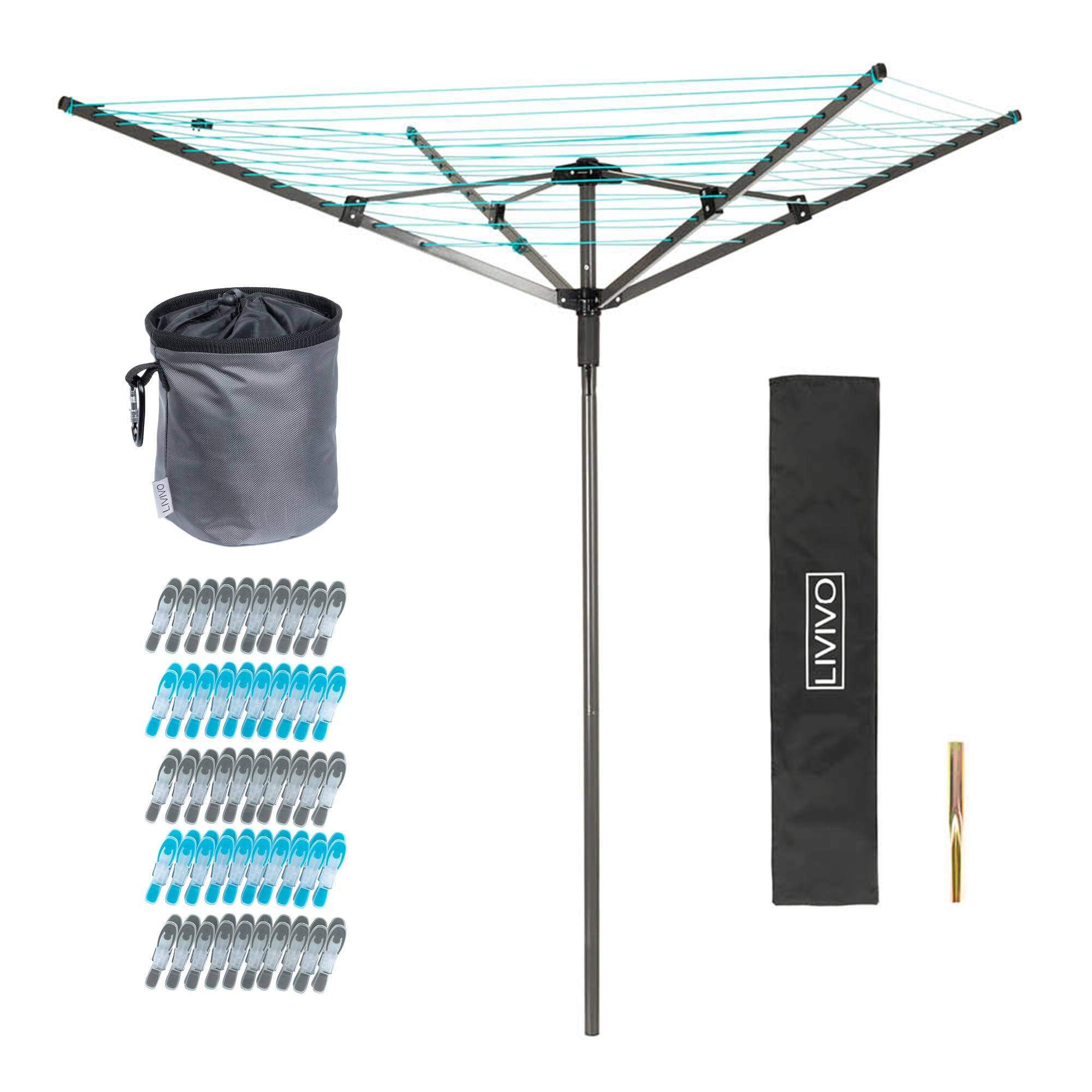 Livivo Airer + Peg Bag 45M Rotary Washing Line & Clothes Pegs 50 Pack With Peg Bag - Outdoor Clothes Airer With Ground Spike & Cover - Heavy Duty Laundry Pegs With Secure Grip - Complete Laundry Essentials