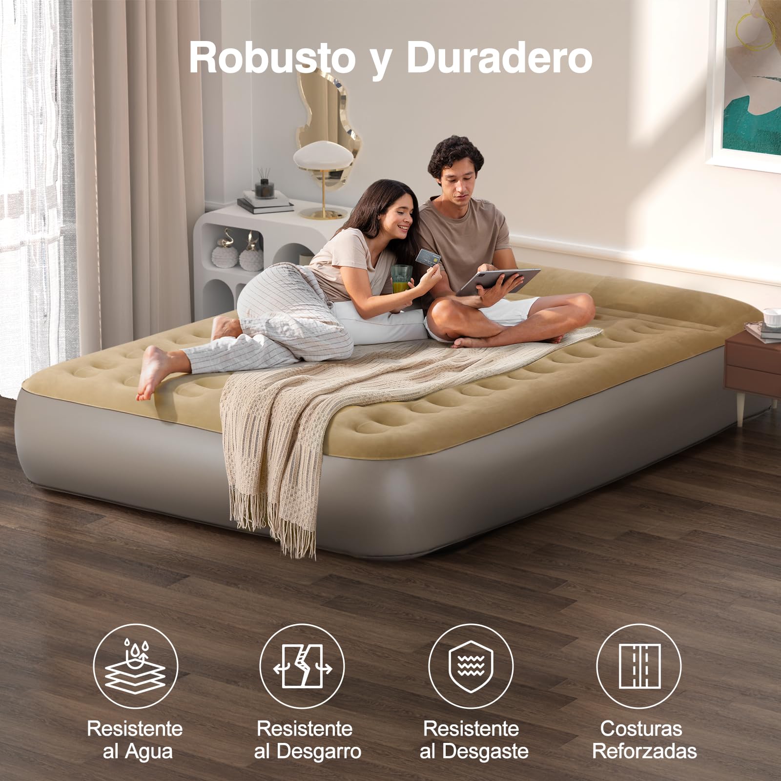 Colchón Hinchable Matrimonio con Bomba Integrada 203x152x33CM Almohada 250kg Khaki