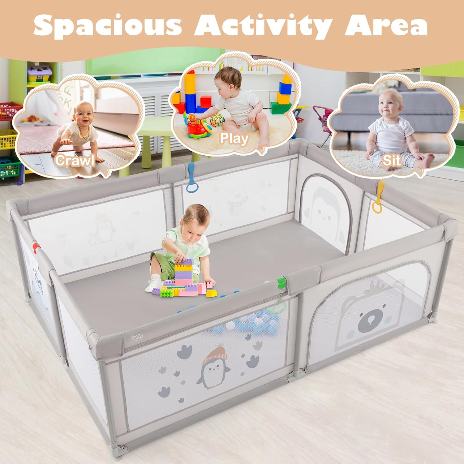 GLACER Large Baby Playpen, 81” x 57.5” Kids Activity Center w/Cute Patterns, 4 Pull Rings & 50 Ocean Balls, Safe Gate & Breathable Mesh, Baby Play Yard for Aged 0-3 (Grey, Penguin & Bear Pattern)