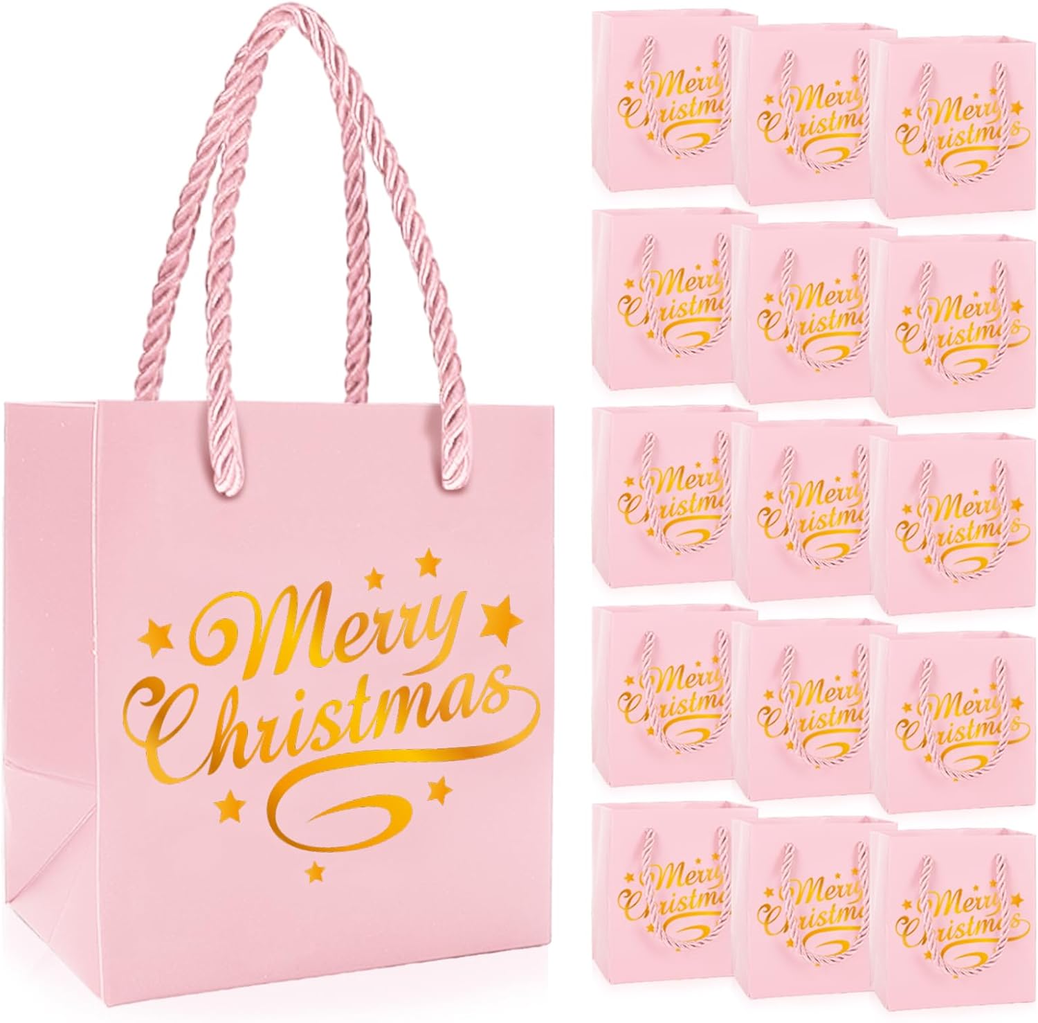 JarThenaAMCS 30Pcs Christmas Mini Gift Bags with Handle Gold Foil Pink Merry Christmas Party Favor Bags Xmas Paper Treat Bag for Holiday Wedding Baby Shower Birthday Party Supplies