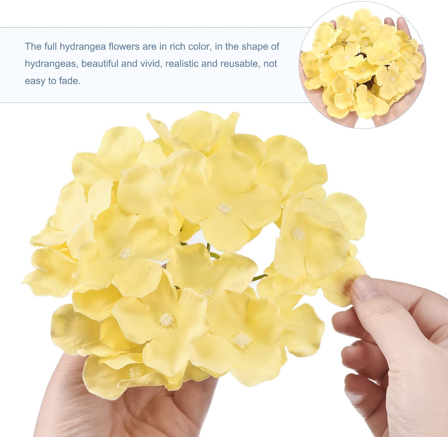 MECCANIXITY Silk Artificial Hydrangea Flowers, Yellow Artificial Flowers Heads with Stems, Full Hydrangea Flowers for Wedding Centerpieces, Party Decoration 30 Set