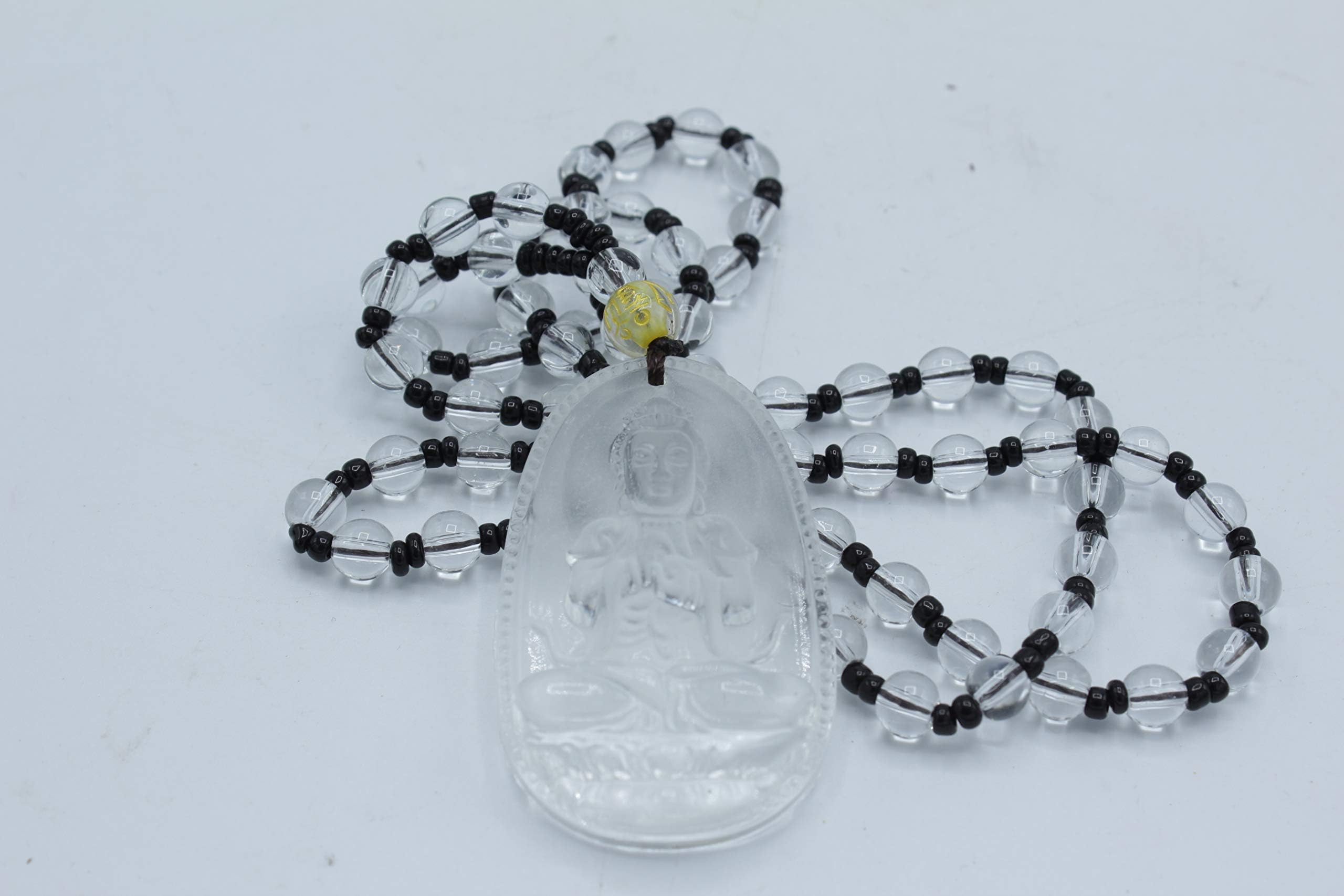 LuckyGifts Chinese Liu Li Glass Carved Mercy Kwan Yin | Guan Yin Buddha Pendant Citrine Beads Necklace Lucky Feng Shui Protection Hanging Charm (Clear)