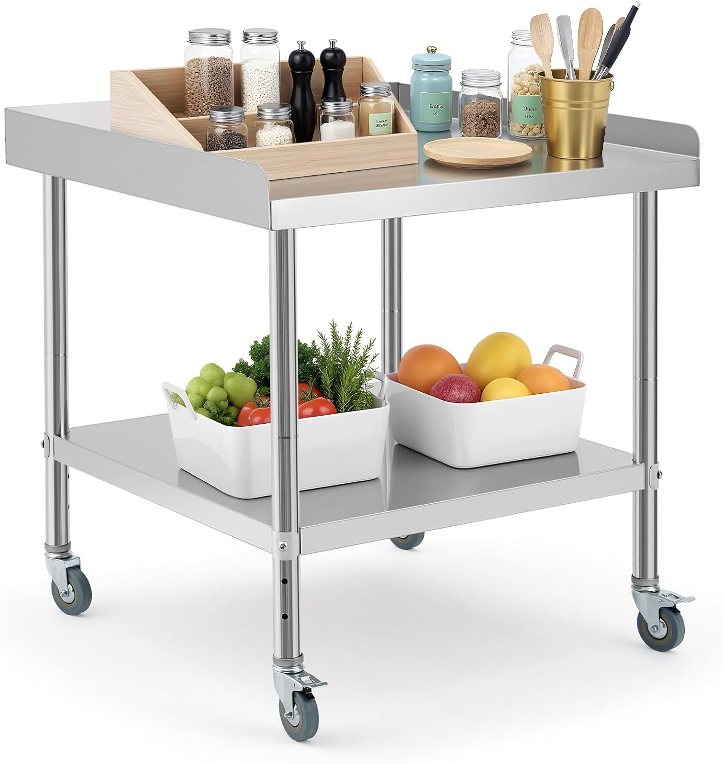 Stainless Steel Table, 30x30 in Kitchen Prep Table with Wheels, Adjustable Shelf & 3-Sided Backsplash, Heavy Duty Metal Worktable Equipment Stand for Commercial & Home Use