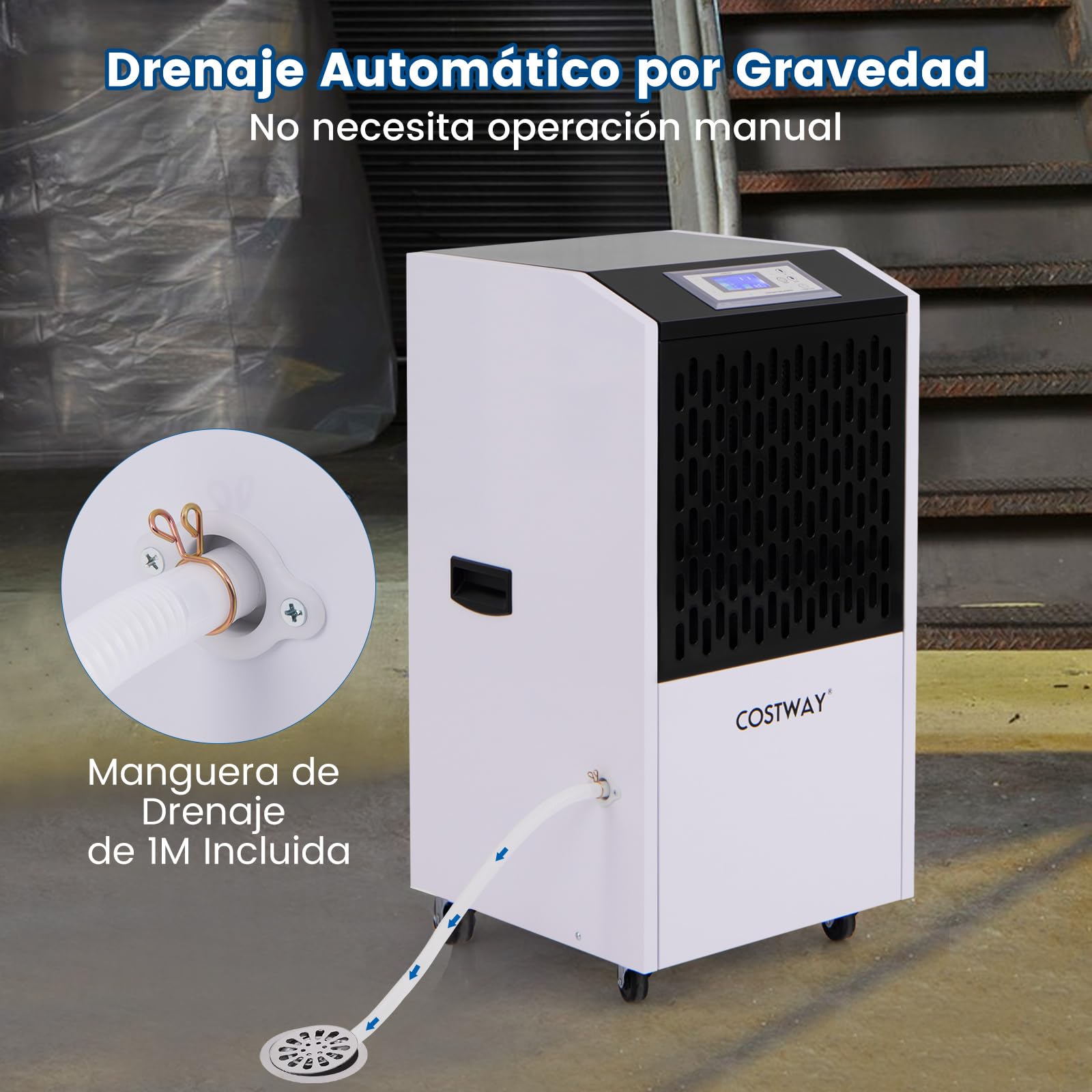 COSTWAY 118 L Deshumidificador, 1300W Deshumidificadores de Humedad con Manguera de Drenaje, Deshumidificador Comercial con Temporizador de 24h y 4 Ruedas para Sótano, Almacén, hasta 790㎡ (Blanco)
