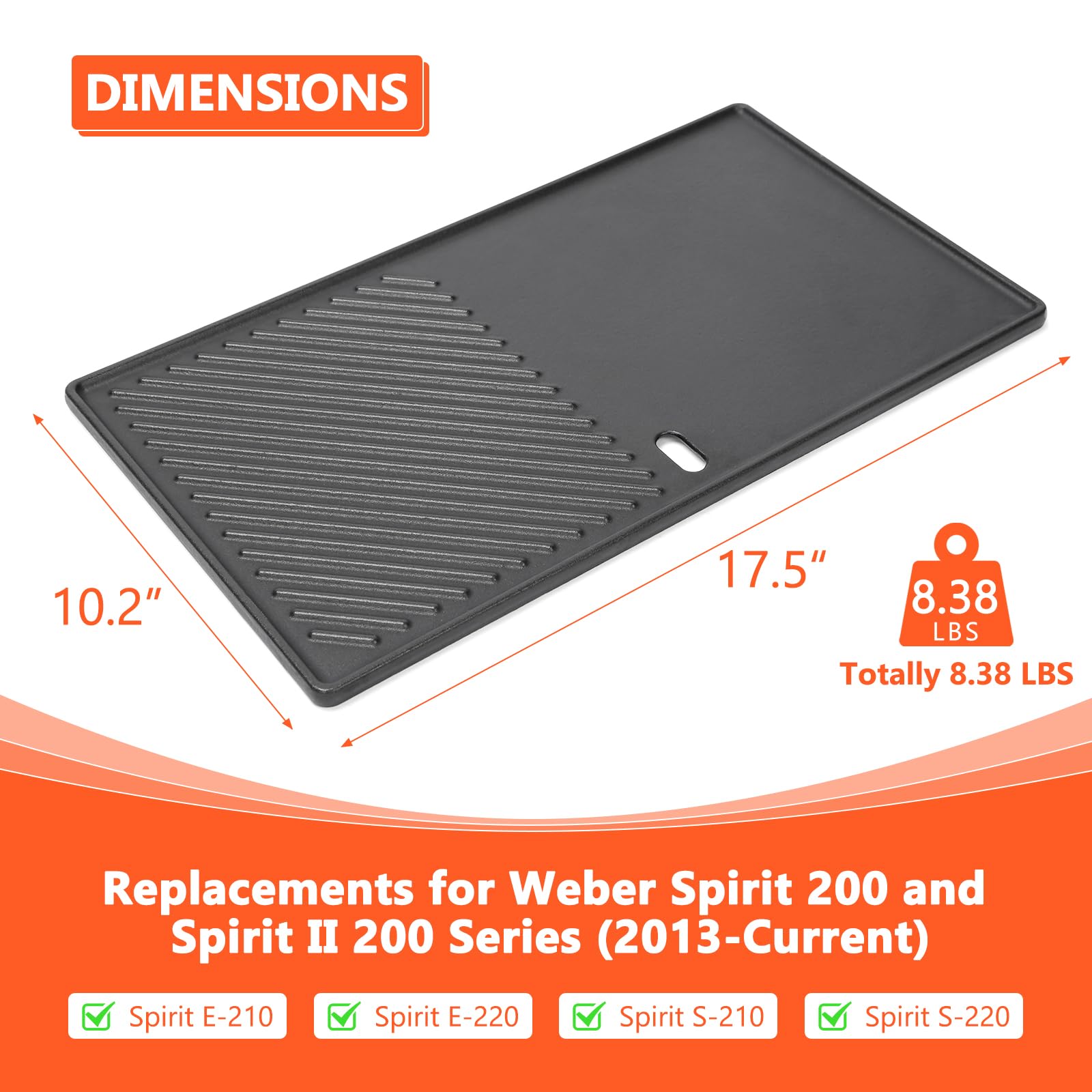 7637 Plancha réversible en fonte 44,5 × 26 cm pour Weber Spirit E210, E215, E220, S210, S215, S220 compatible Spirit 200 & GS4 Spirit II E/S 210, 220, 215