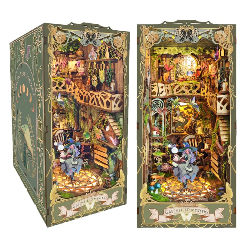 STRUCWOOD LED Book Nooks DIY Miniature Dollhouse Kit 3D Puzzle Wooden Bookends Toy for Teenagers Gift Model Kits Room Decoration - Garden Book Nook - Book Nook Kits for Adults (Green Fairyland)