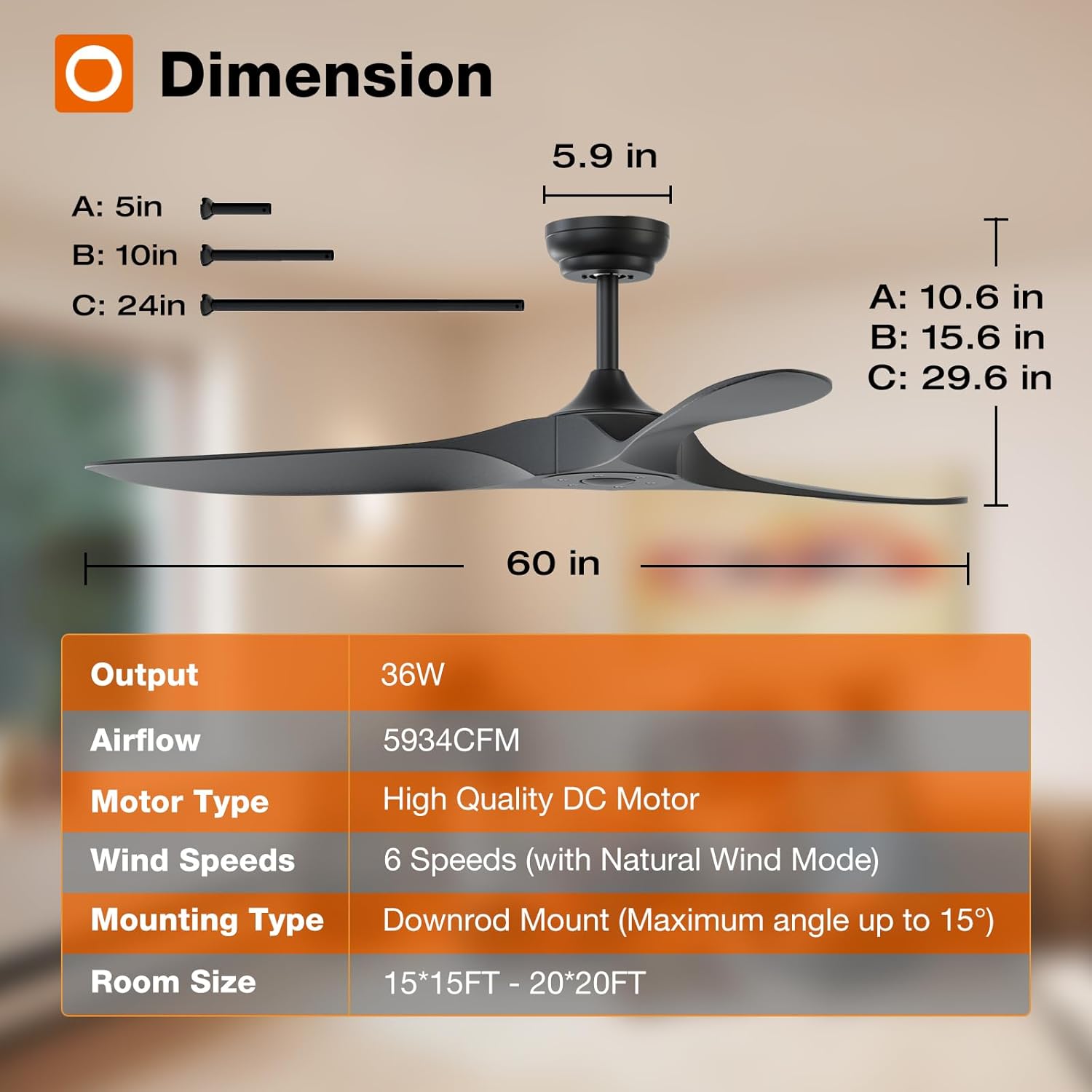 Diagram showing the dimensions and key specifications of the addlon 60-inch ceiling fan.