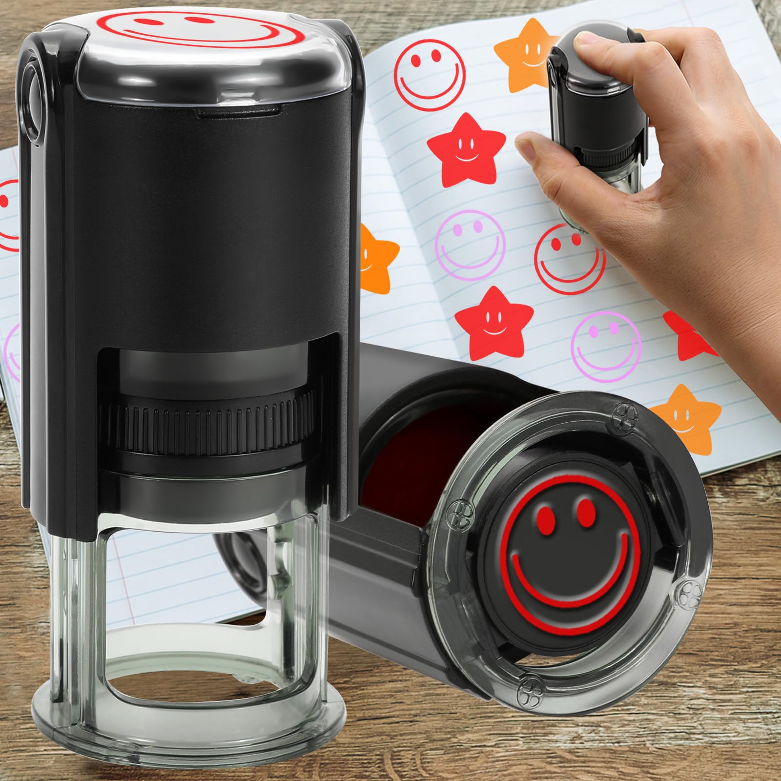 Self Inking Teacher-Stamps for Smiling Round Self-inkng Stamps for Classroom Grading Happy Face Stampers for Teacher Supplies Smiley Face Rubber Teacher Stamps (Smiley Face-Red)