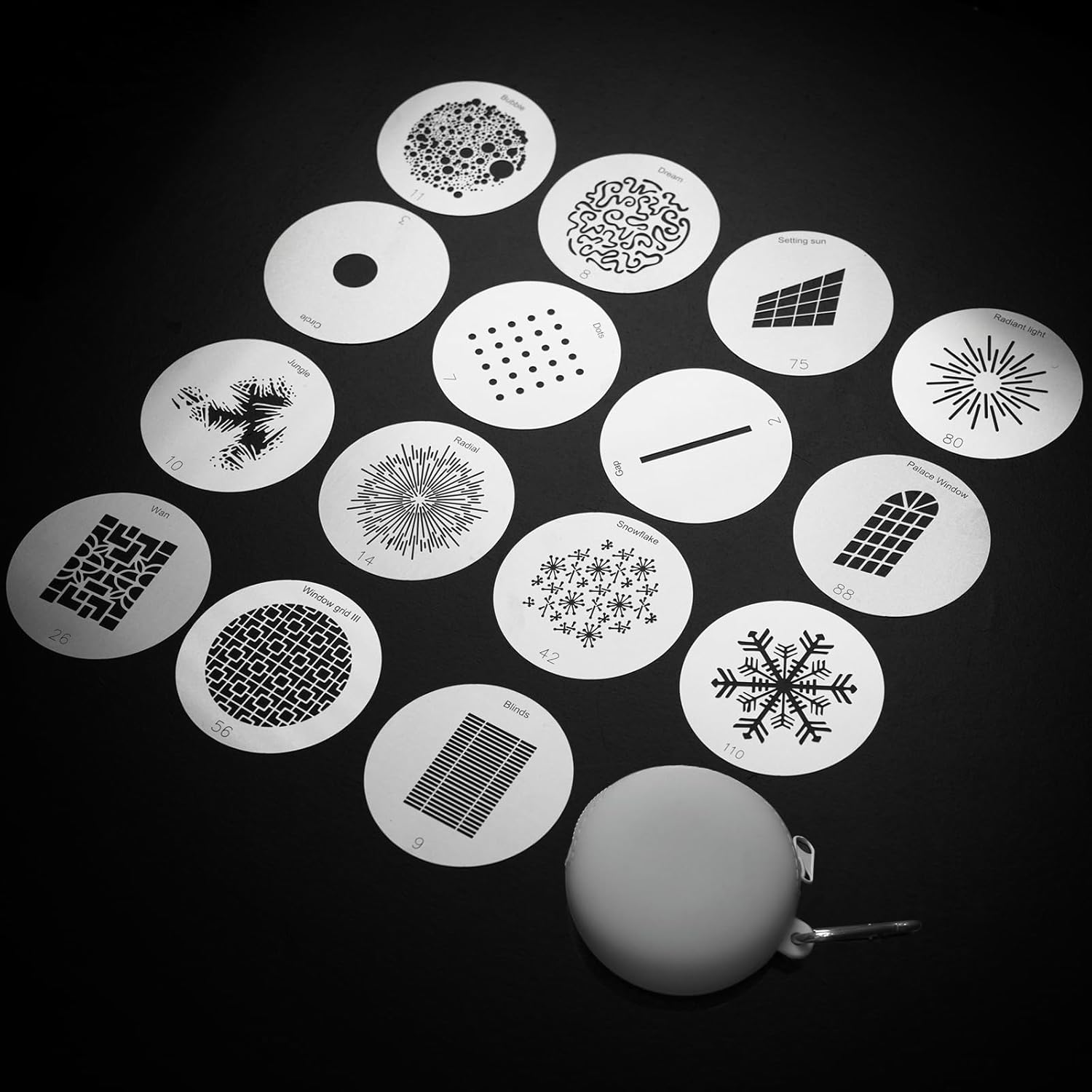 15Pcs Round Gobos Kit for Optical Snoot,66mm/2.6in Metal Plate Patterns for Spotlight Attachment Compatible with Godox BFP/MLP/OT1/OT1 Pro/II/Westcott Optical Spot/Aputure SE,for Portraits/Product