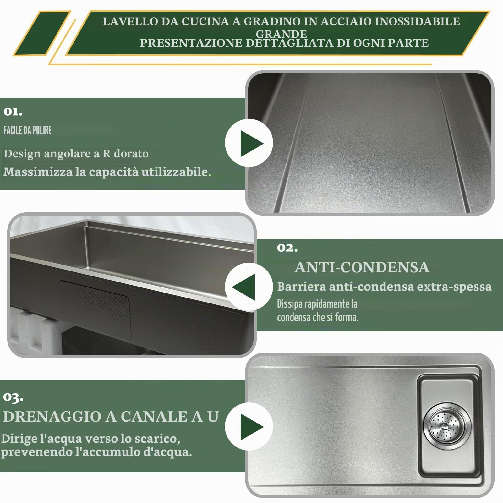Lavello da cucina rettangolare 90 x 50 cm, in acciaio inox 304, 1 lavandino da incasso, con lavello interno di ricambio e tagliere, lavabo, moderno lavello in acciaio inox con scolapiatti e sifone