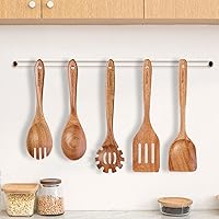 Vista 8 de Cucharas de madera para cocinar, juego de utensilios de cocina de madera de 5 piezas hechos de material de madera maciza natural, incluye cucharas