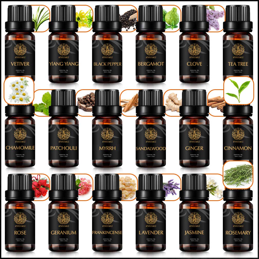 100% Pure Vetiver aceites esenciales set para difusor, aromaterapia aceites esenciales kit para humidificador-18 tipos de mirra, pimienta negra,clavo,árbol de té,sándalo, rosa...aceites esenciales set