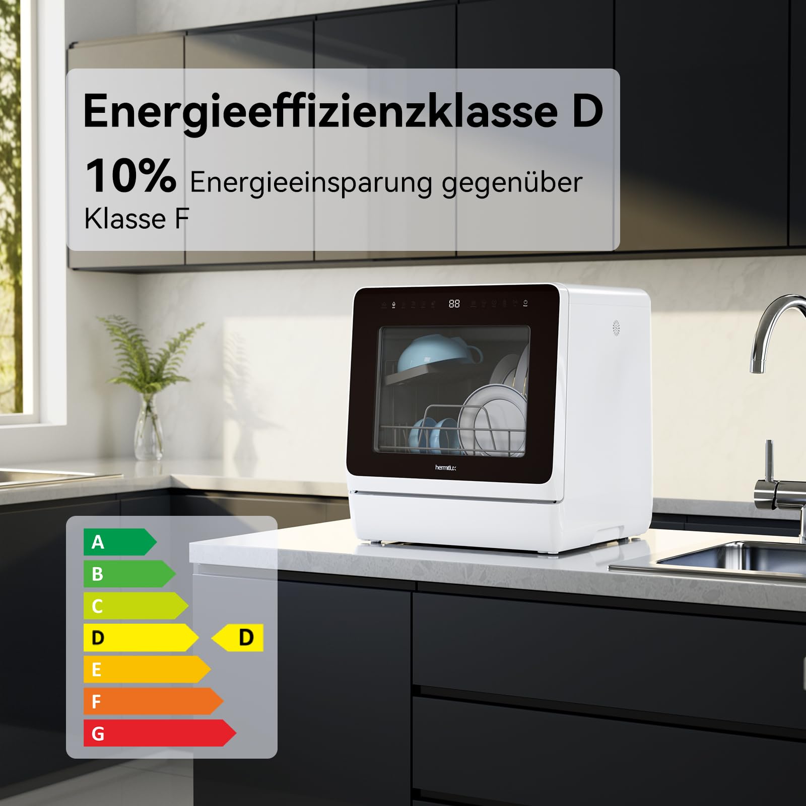 Hermitlux Tischgeschirrspüler Mini Spülmaschine 7+3 Programme 5 Maßgedecken 5L Wassertank Startverzögerung Kindersicherung