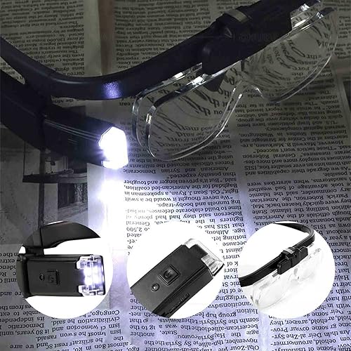 Miniatura 2 de Minidiva Lupa con diadema con luz, manos libres, 2 luces LED iluminadas, lupa de montaje en la cabeza con 3 lentes desmontables, doble ranura para