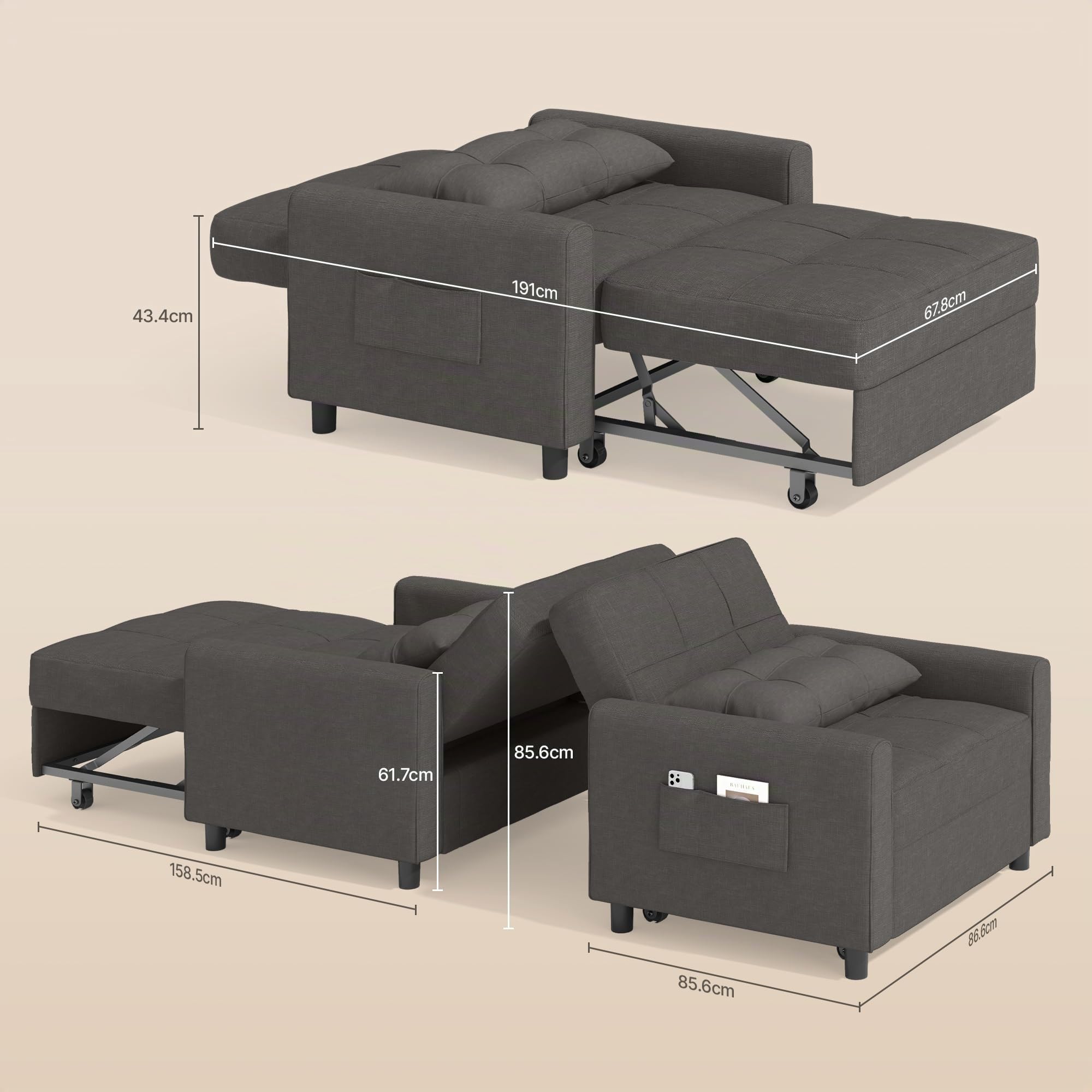 Bealife Sillón Relajante, sillón Cama con Respaldo Ajustable, sillón Cama Individual, sillón reclinable para salón, Dormitorio, balcón y Oficina(Gris Oscuro) (Dark Grey)