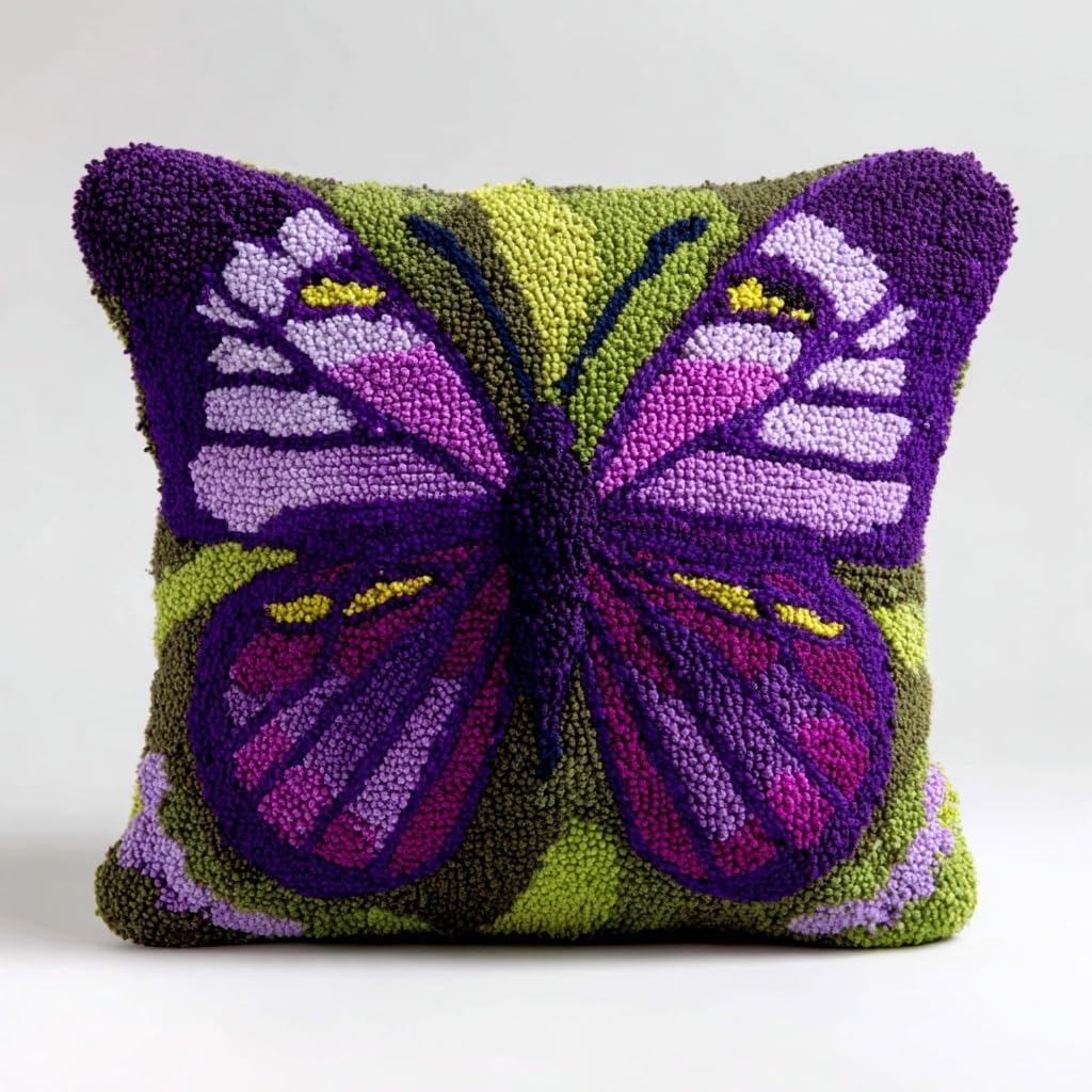 DIY Latch Hook Pillow Kit Beautiful Purple Butterfly Portrait Easy for Beginners Color-Stamped Canvas Cushion 43x43cm Sofa Bedroom Decor Craft