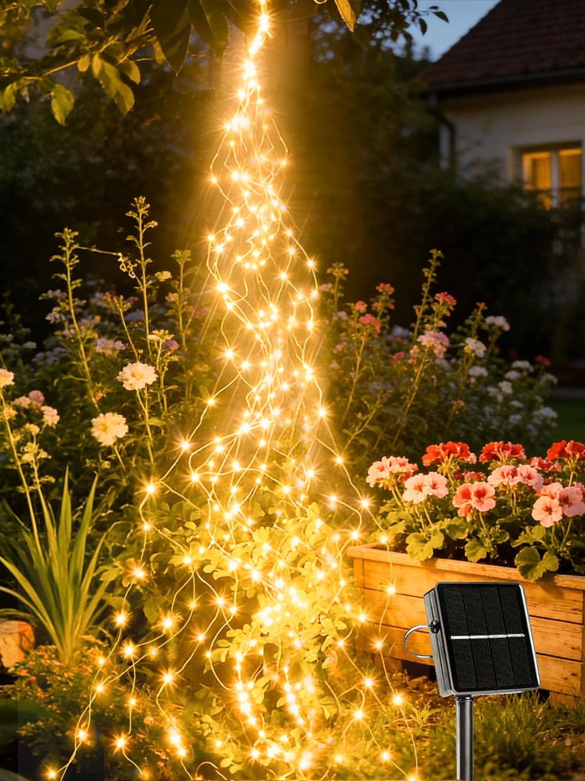 Joycome Solar Lichterkette Aussen 2M 200 LED Lichterbündel, Wasserfall Lichterkette 8 Modi Solar Lichterschweif, Wasserdichte Gartendeko für Draußen Gießkanne Balkon Garten Terrassen Deko